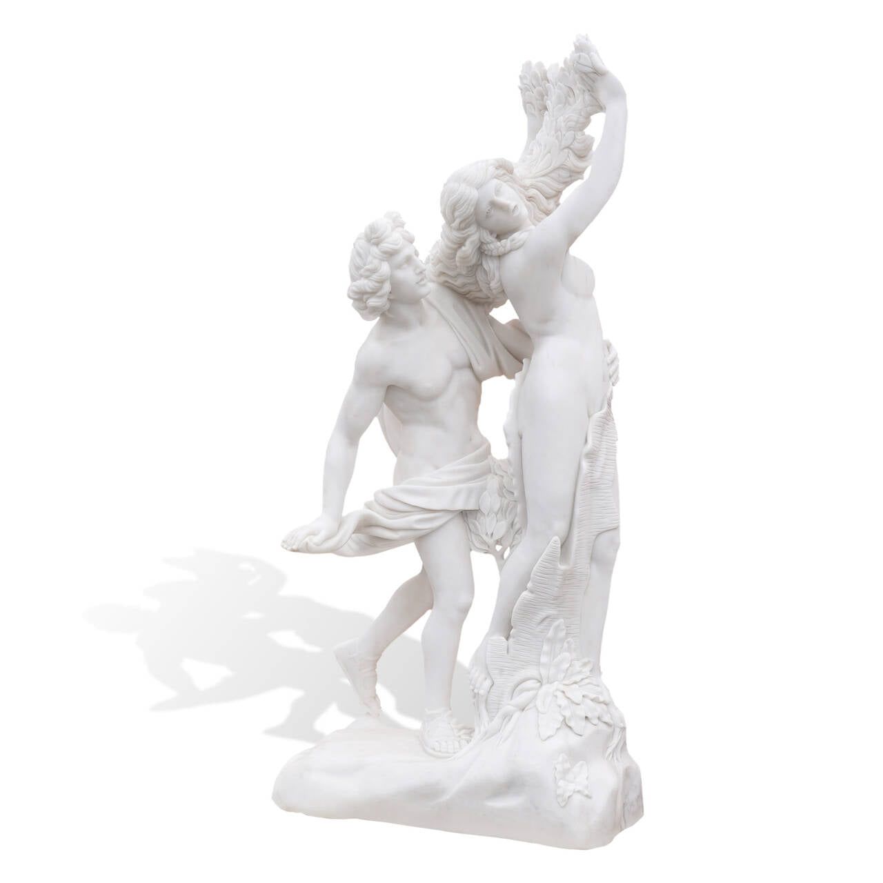 Full front view of replica Apollo and Daphne marble statue, hand-carved artwork ideal for luxury gardens, villas, and courtyards