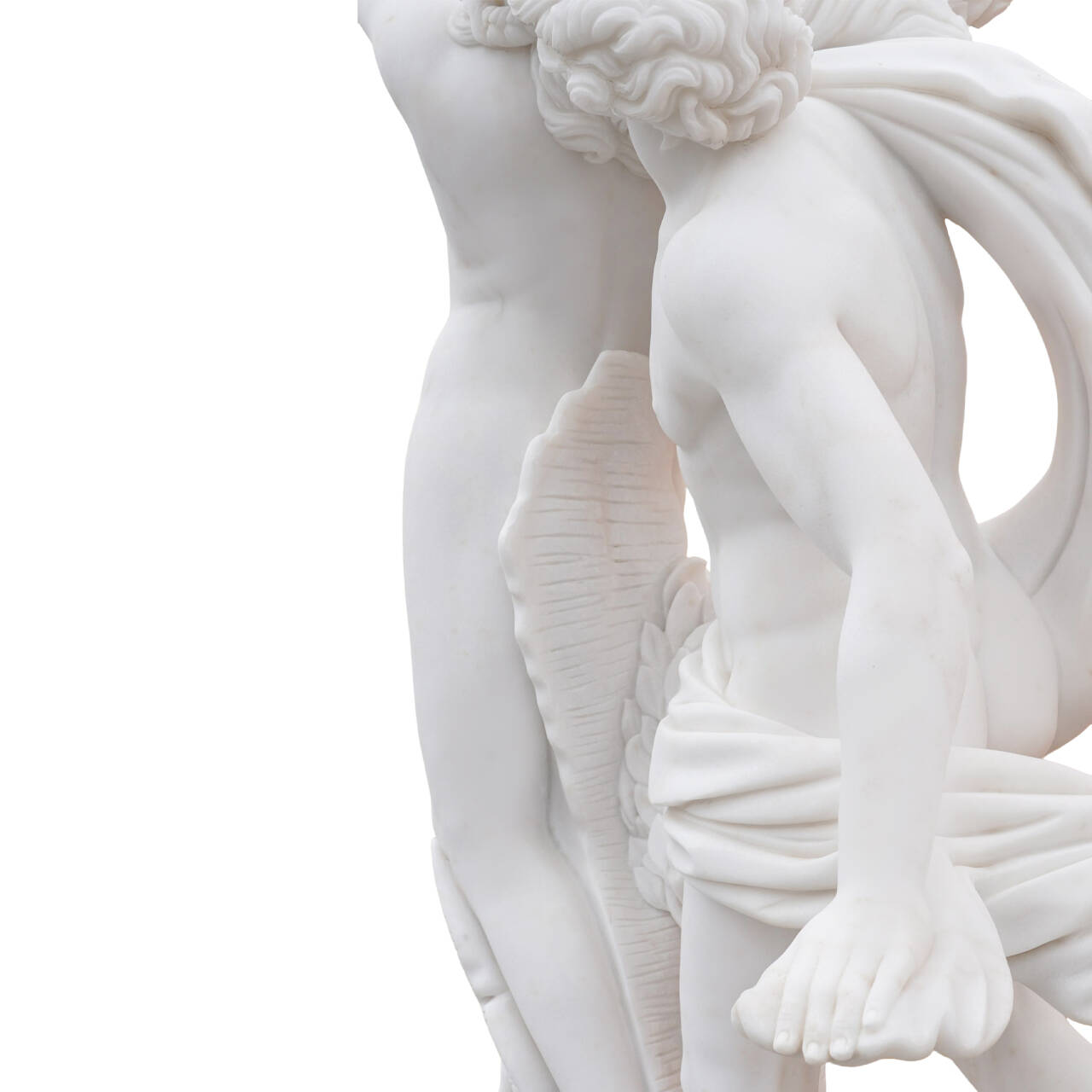 Detailed texture view of replica Apollo and Daphne marble statue, showing lifelike drapery folds and expert craftsmanship