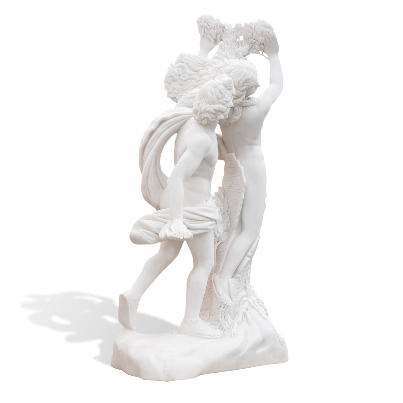 Back perspective of replica Apollo chasing Daphne marble statue, mythological artwork suited for elegant garden display