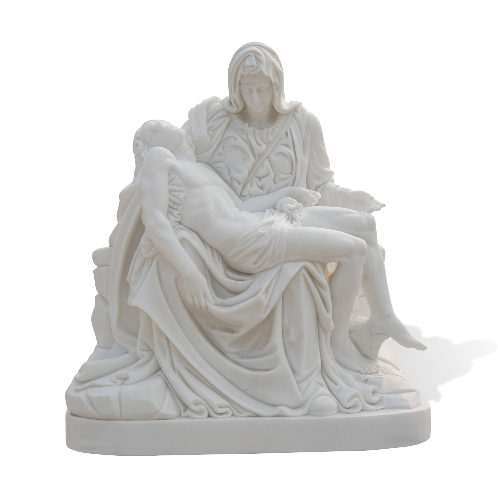 White marble Pietà replica showing Virgin Mary cradling the body of Christ, symbol of sacrifice and compassion.