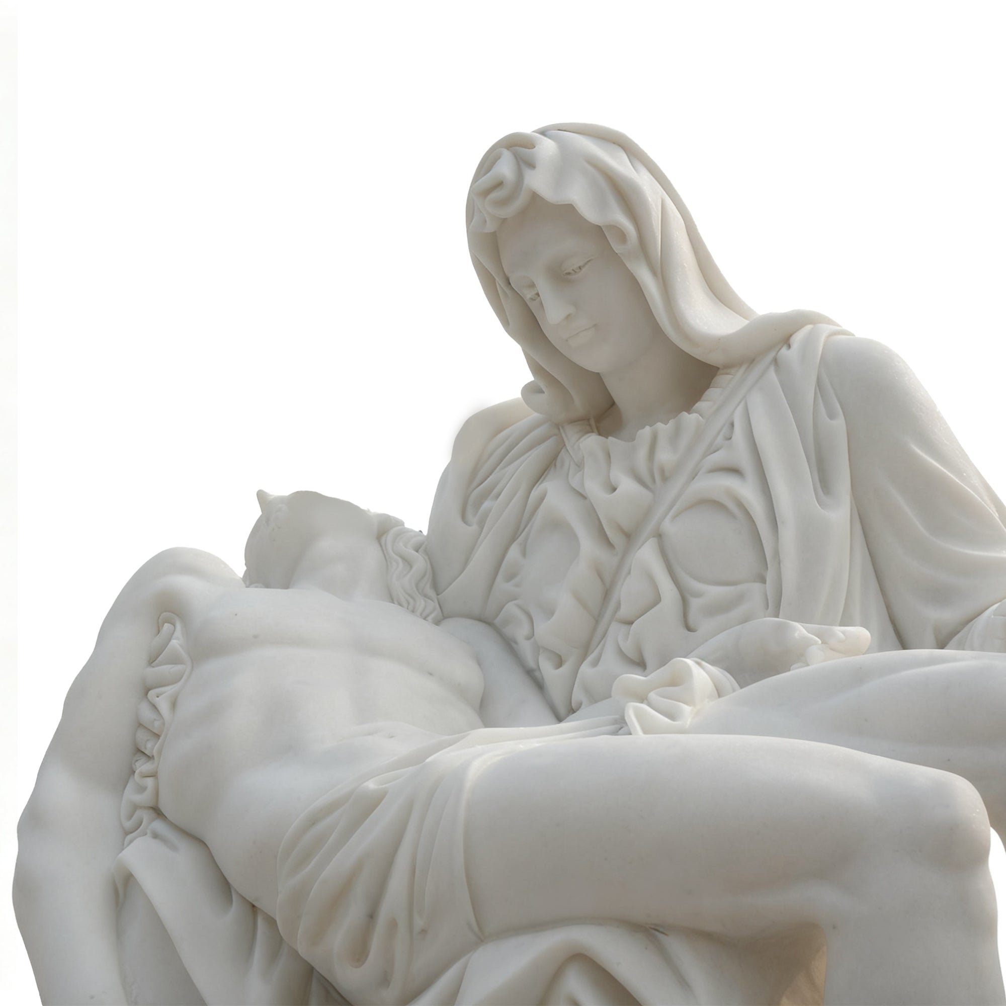 Angled view of Pietà marble statue highlighting the drapery folds, Virgin Mary’s sorrowful gaze, and Christ’s figure.