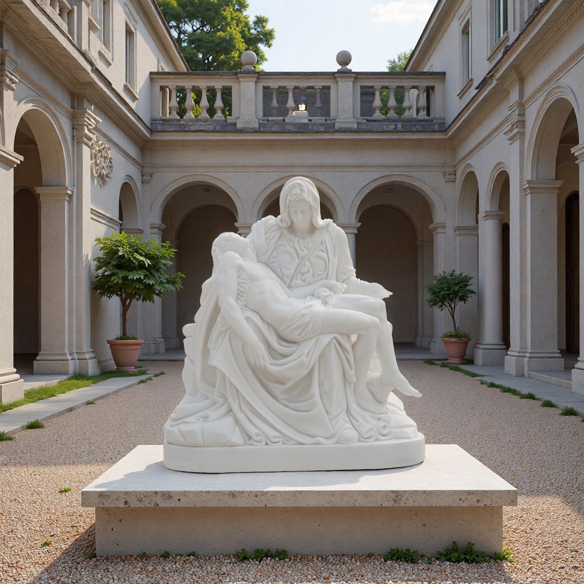 Marble Pietà replica statue installed in a courtyard, ideal for cathedrals, religious gardens, or memorial parks.