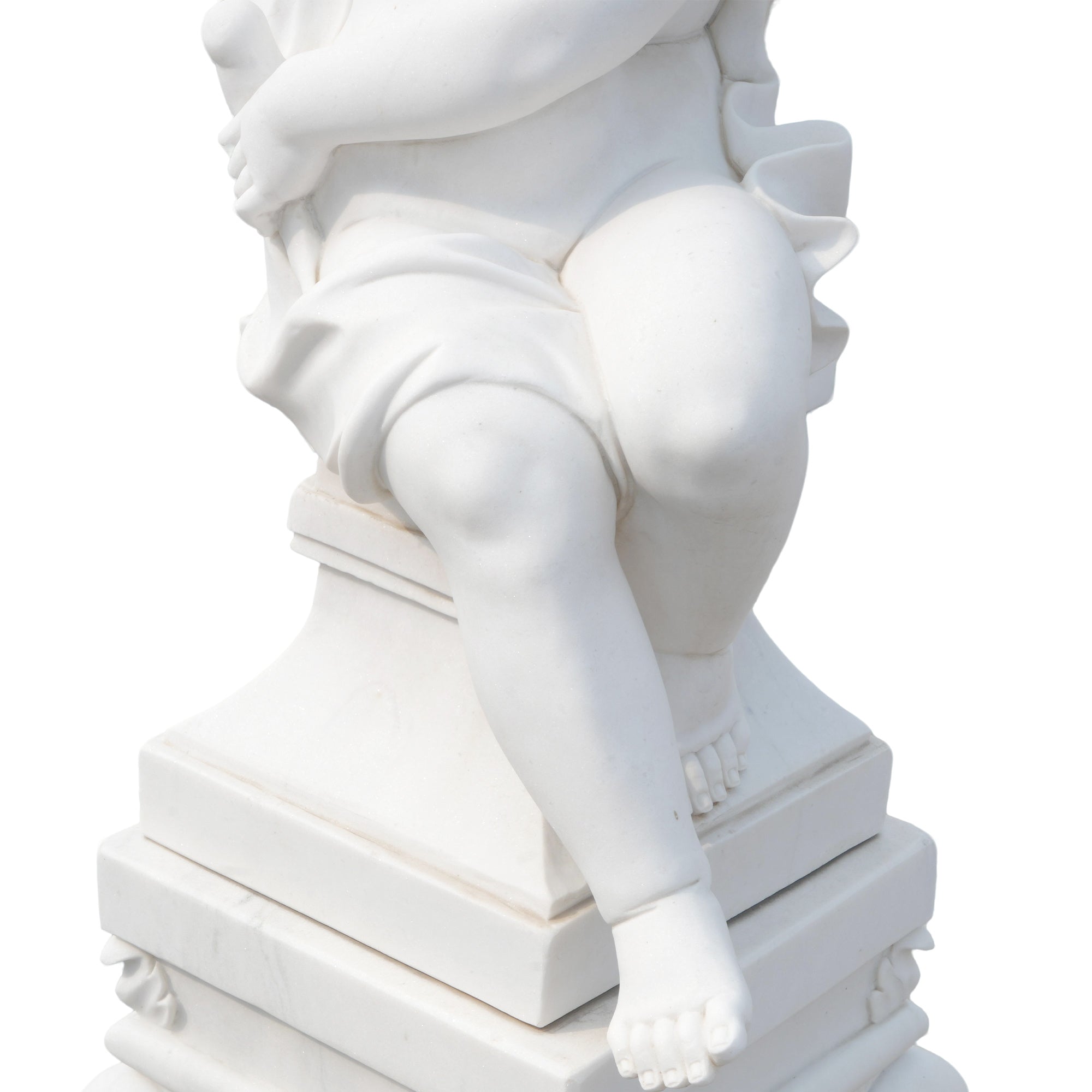 Close-up of FM-134 marble angel cherub statue showing finely carved legs and decorative pedestal base with floral motifs