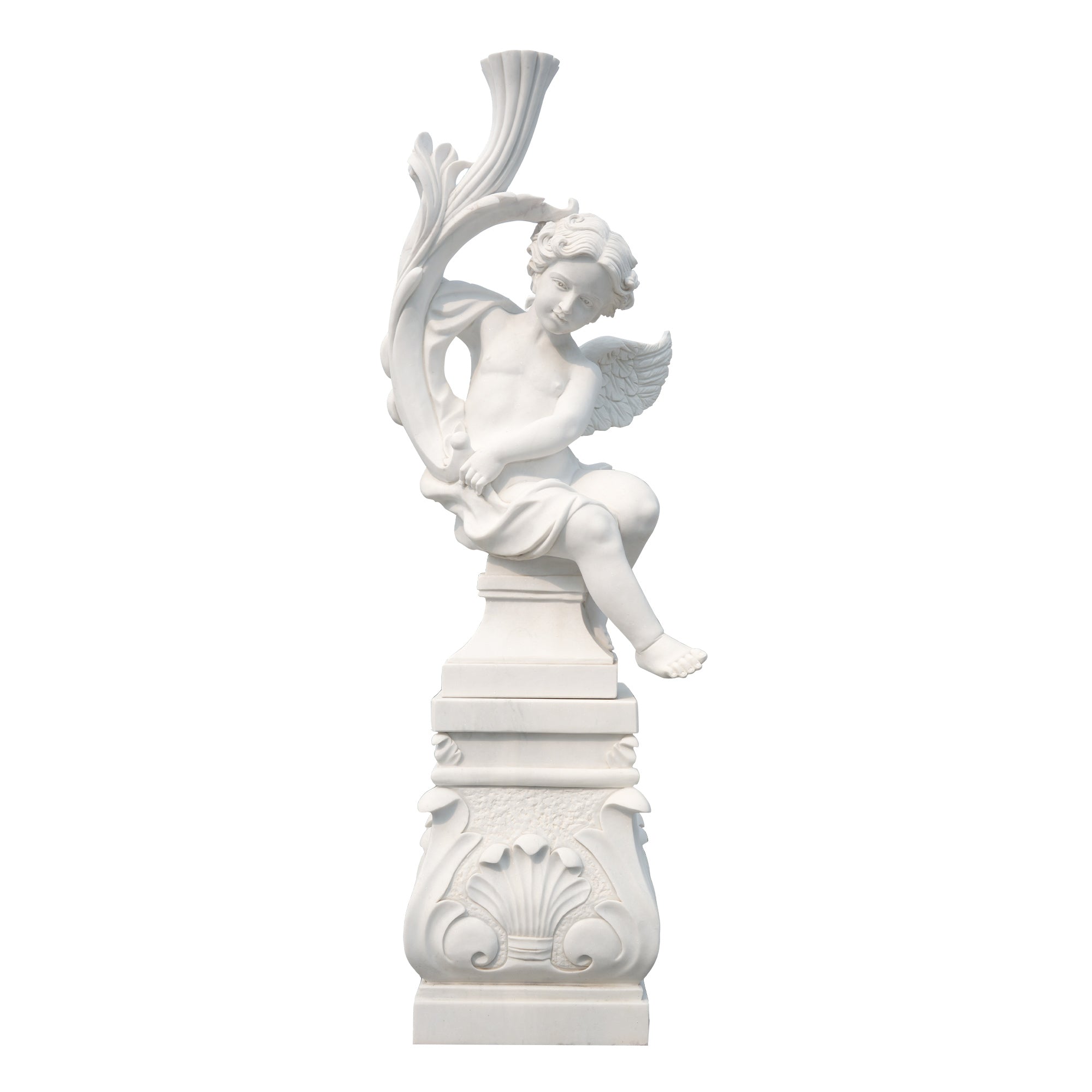 Front view of FINEST FM-134 white marble angel cherub statue with wings and scroll, a classical hand-carved garden sculpture