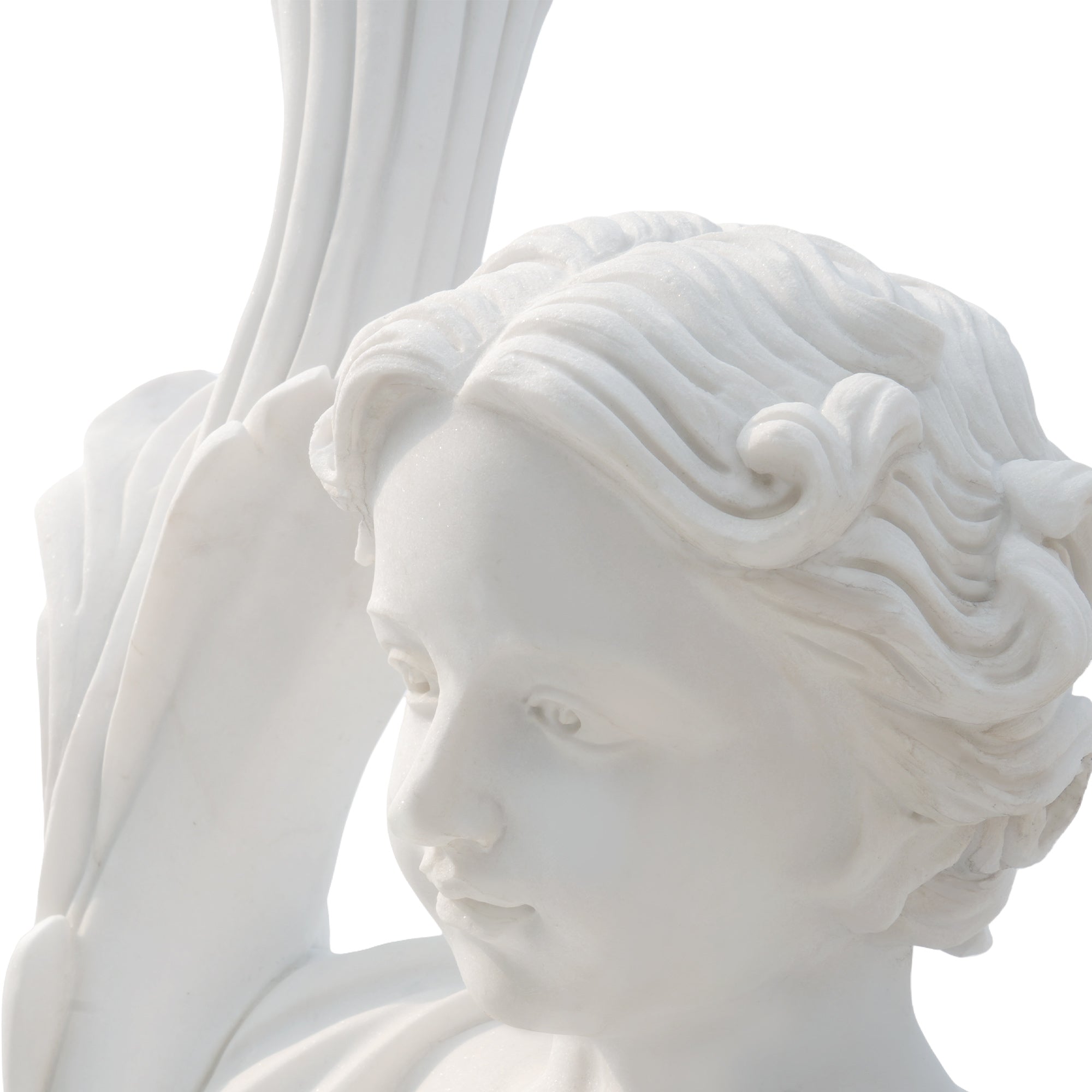 Close-up of FM-134 marble angel cherub statue face with curly hair, serene expression and delicate classical carving