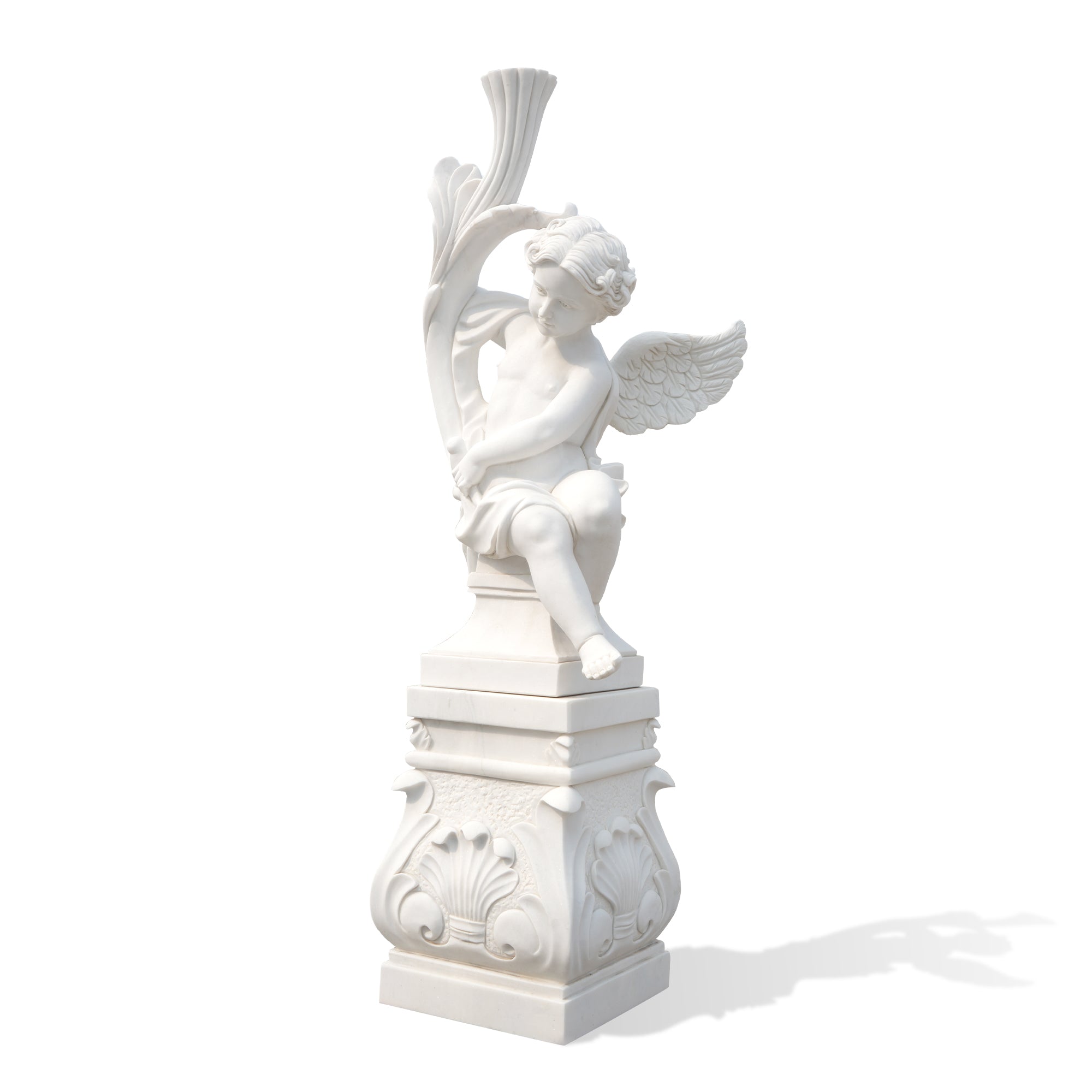 Right angle perspective of FM-134 white marble angel cherub statue highlighting wings, scroll, and ornate pedestal carvings