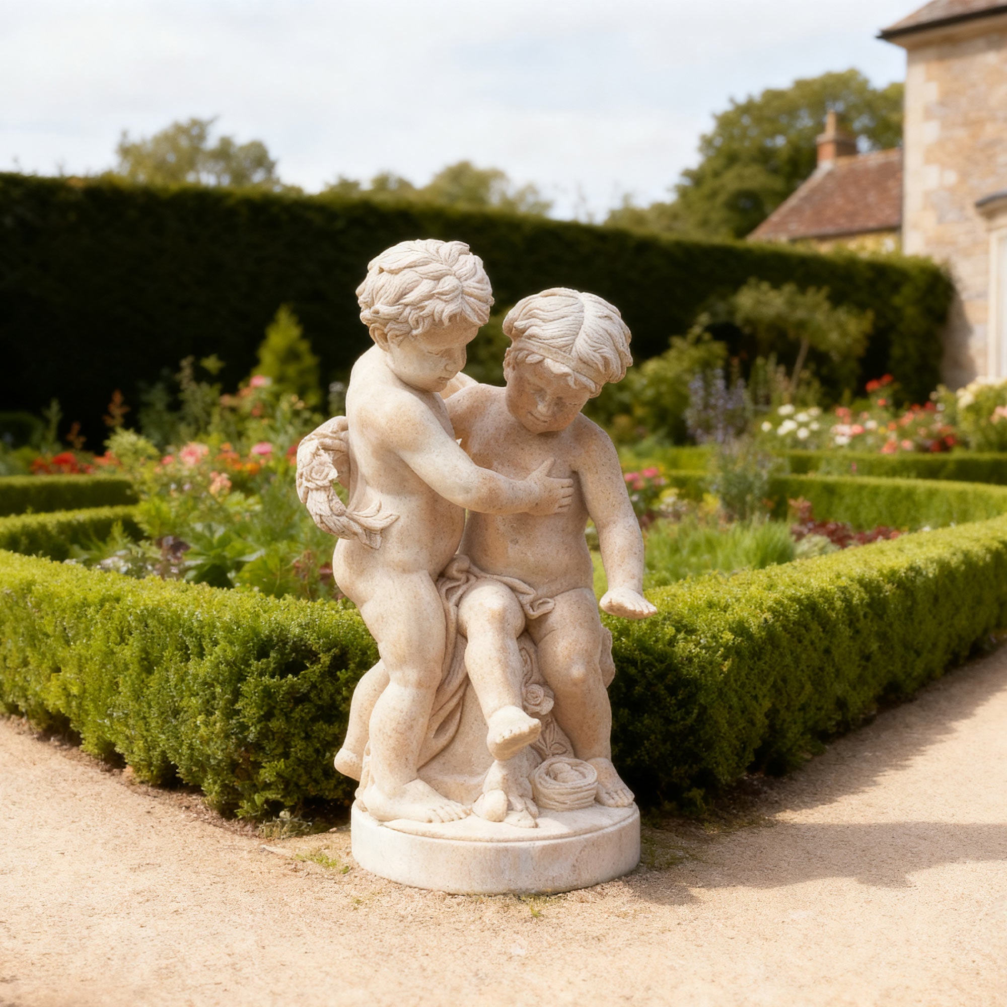A marble sculpture of two children in a tender embrace, capturing innocence and friendship. This piece is perfect for garden decor and luxury outdoor spaces, showcasing timeless craftsmanship.