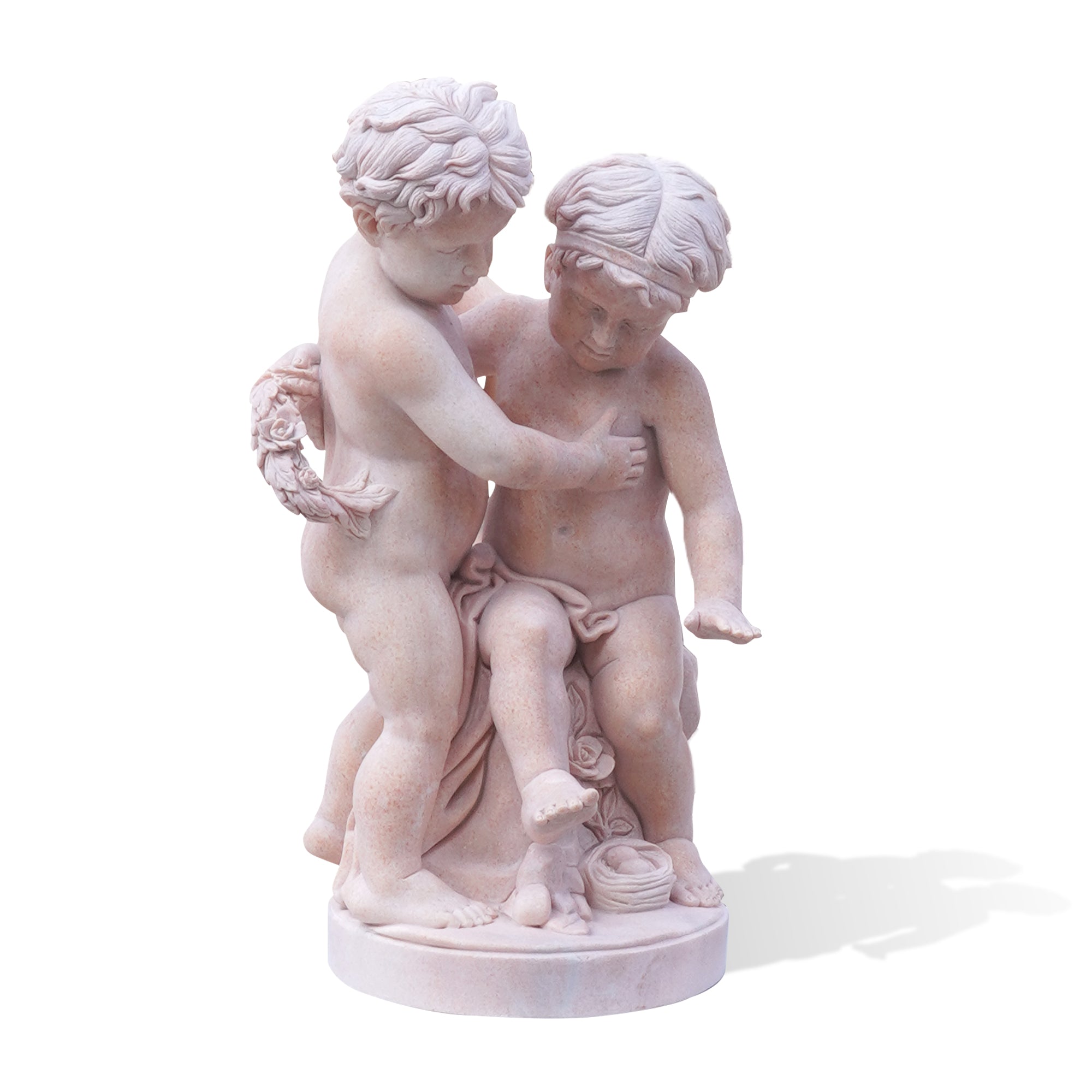 A beautiful marble sculpture depicting two children embracing, capturing the essence of friendship and innocence. Perfect for luxury garden decor and artistic outdoor spaces.