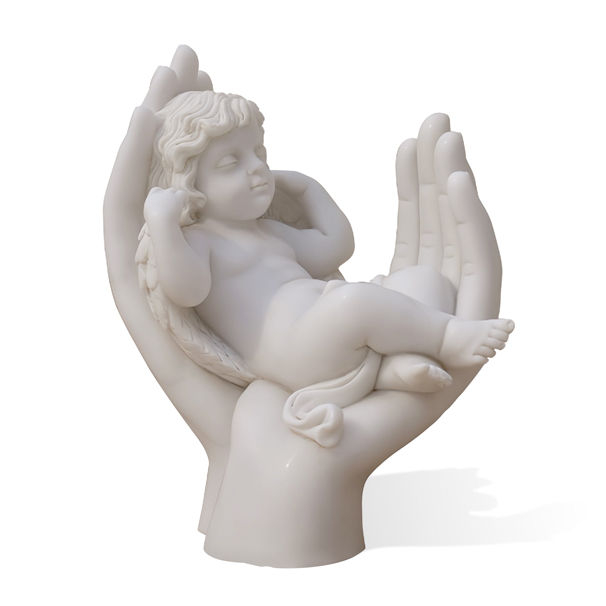 Serene marble sculpture of a child sleeping in the hands of a guardian, a beautiful symbol of innocence and care, ideal for luxurious gardens or home interiors.