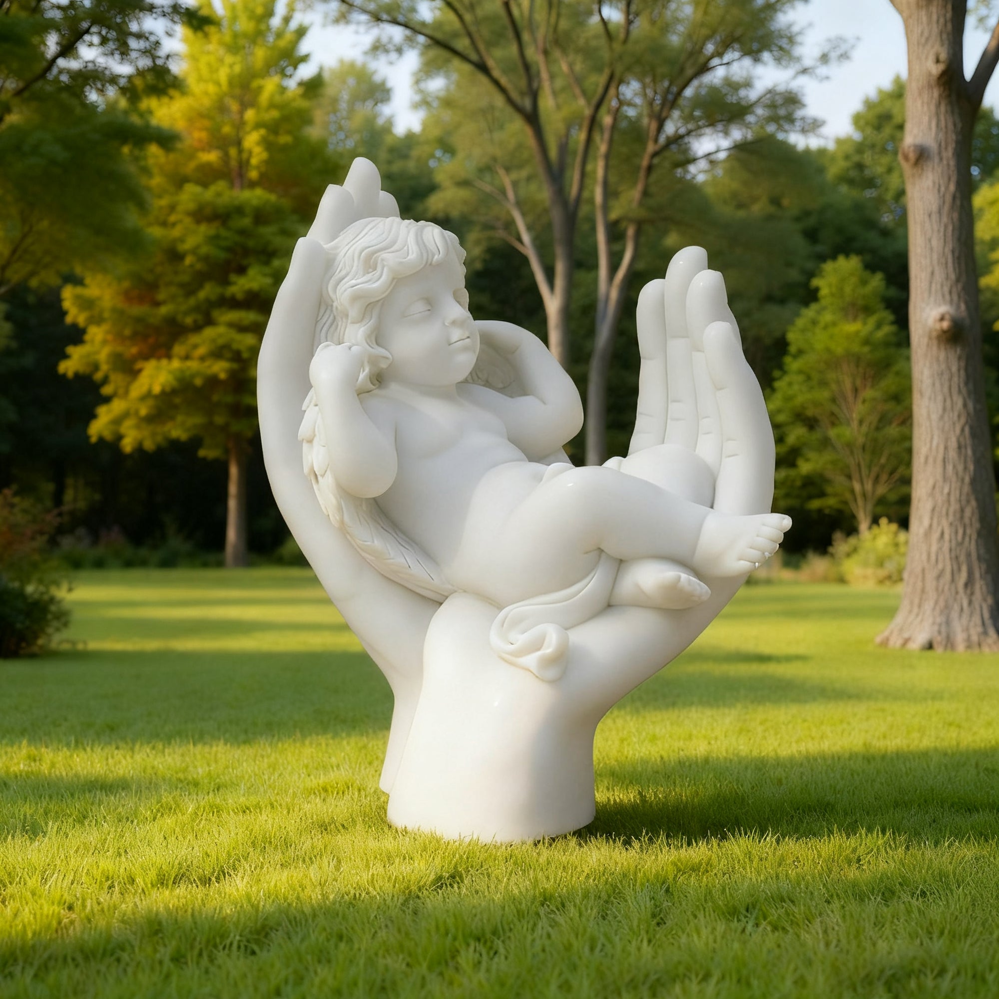 Marble sculpture of a sleeping child resting in a guardian hand, symbolizing innocence and protection. Perfect for garden and luxury interior decor.