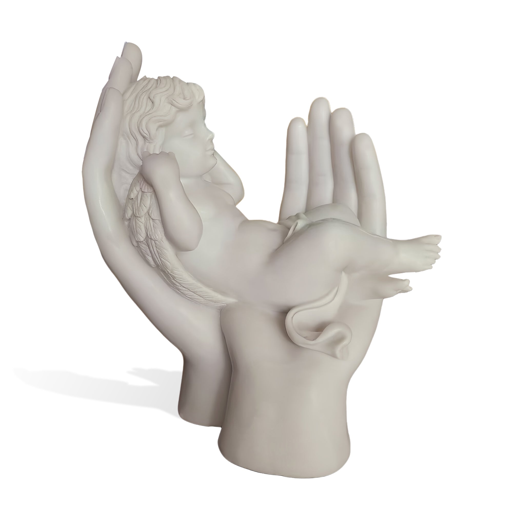A marble sculpture of a sleeping child nestled in the hands of a guardian, symbolizing innocence, peace, and protection. The pure white background highlights the delicate craftsmanship, with the child’s serene expression and the guardian’s tender embrace capturing the essence of unconditional love and nurturing care.