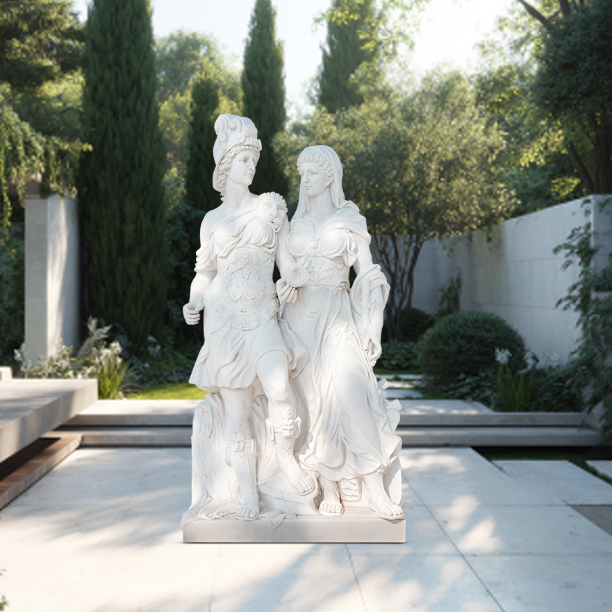 Classical Greek and Roman marble sculpture of 2 women, representing beauty and strength with intricate detailing, perfect for luxury home decor and classical art collections.