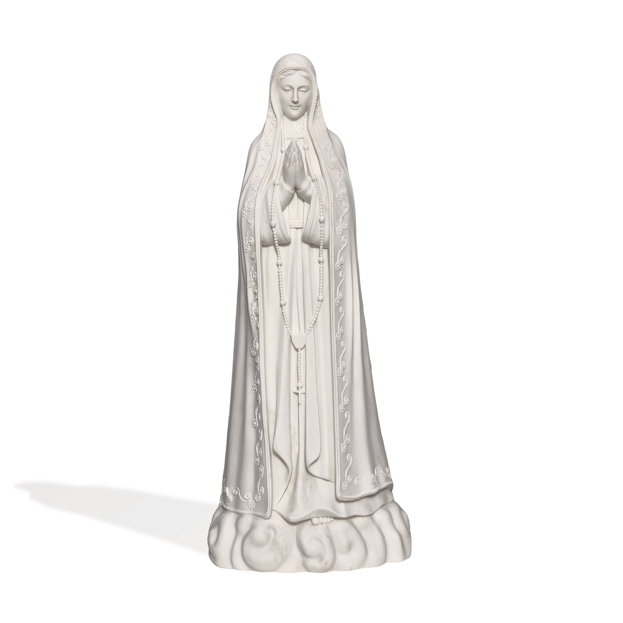 Custom white marble statue of Our Lady of Fatima with detailed robe and rosary, front view of hand-carved religious sculpture for churches.