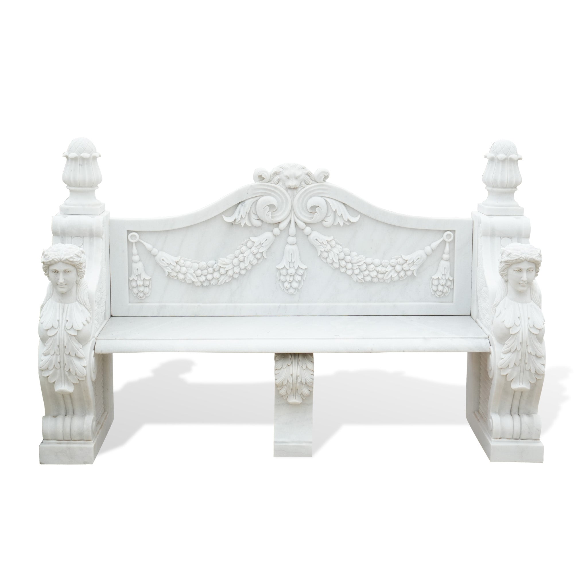 White marble bench sculpture with female carvings, designed to enhance garden and outdoor seating with classical beauty and fine craftsmanship.