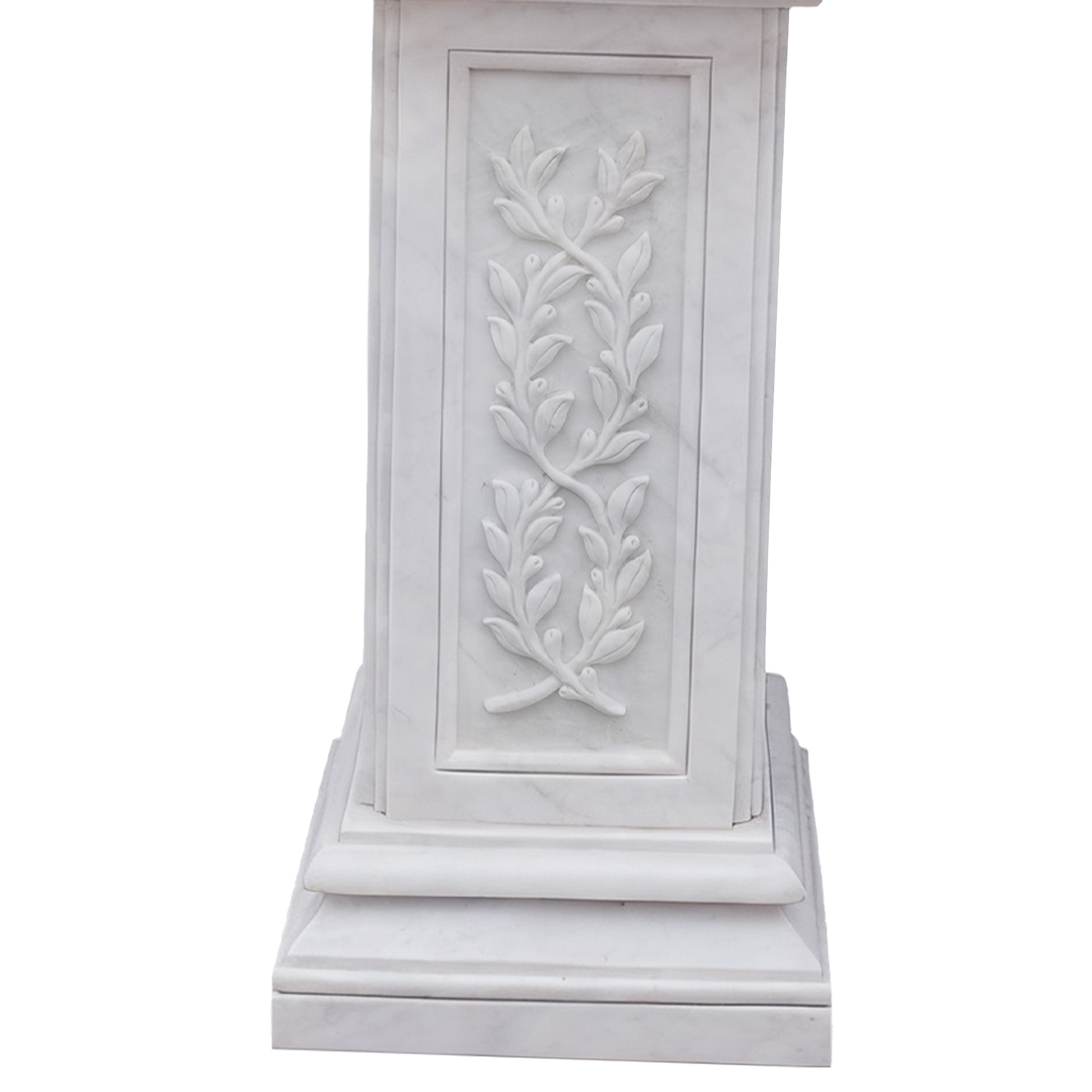 Decorative marble urn flower vase pedestal with carved leaf patterns, perfect for adding elegance and natural beauty to gardens, patios, and terraces.