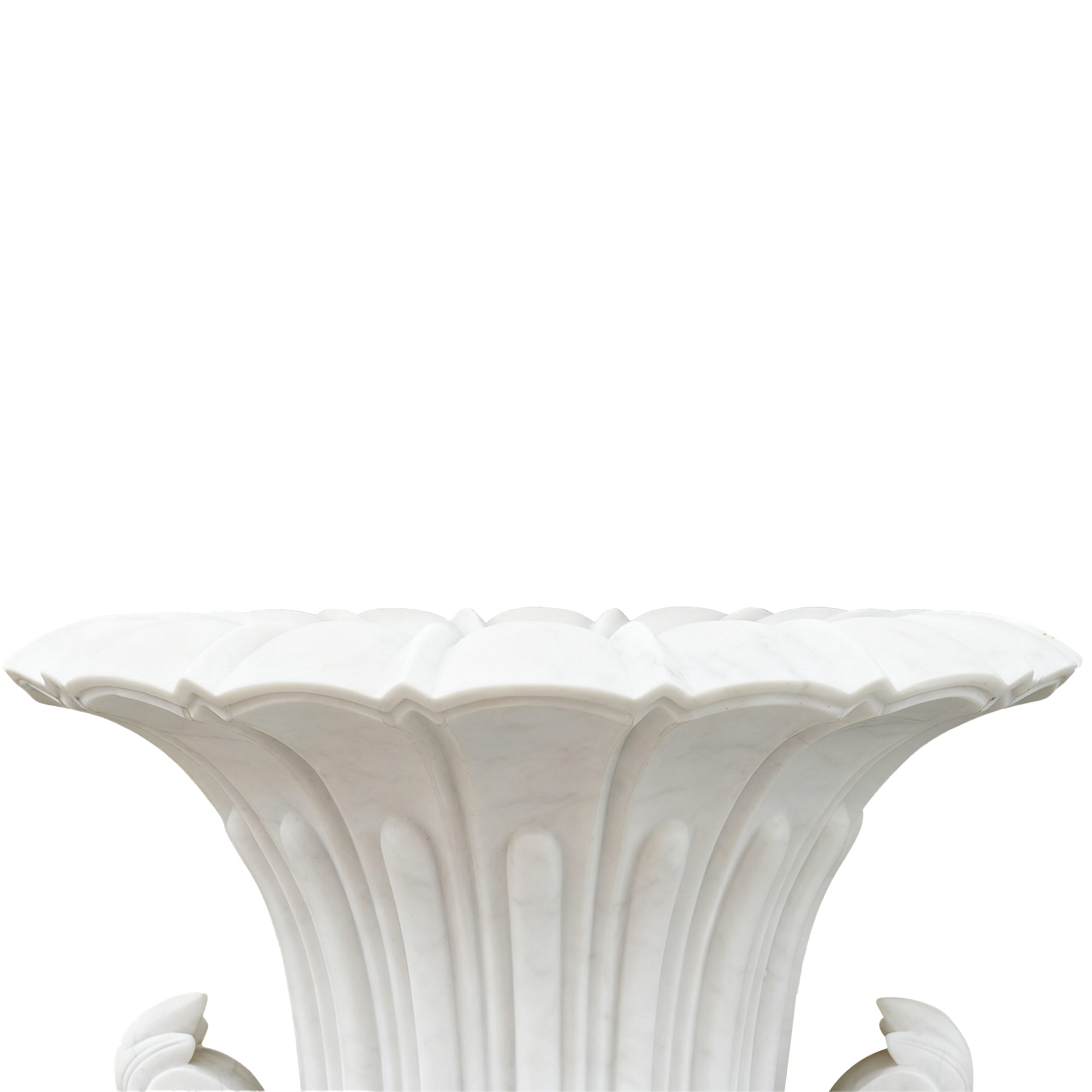 Detailed view of marble flower vase with pedestal and intricate leaf carvings, ideal for enhancing luxury garden settings and creating a refined decorative focal point.