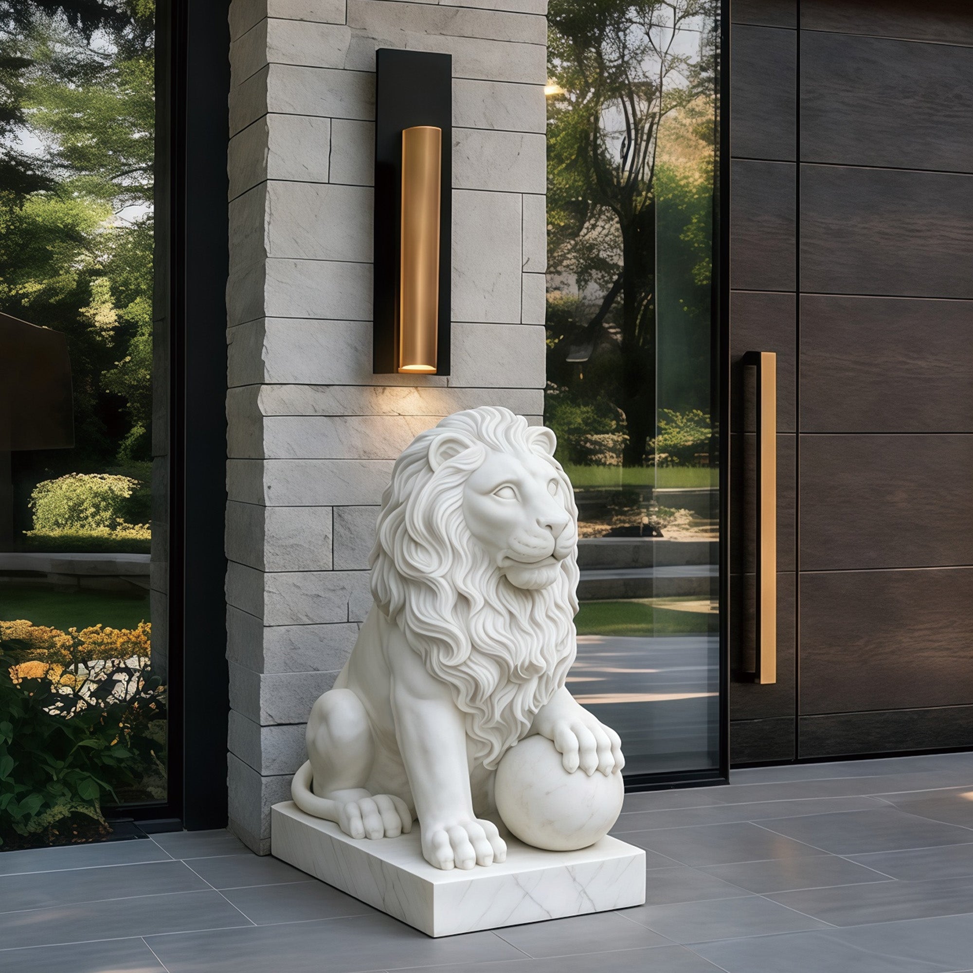 Marble lion sculpture placed at an elegant home entryway, adding a luxurious touch to outdoor decor