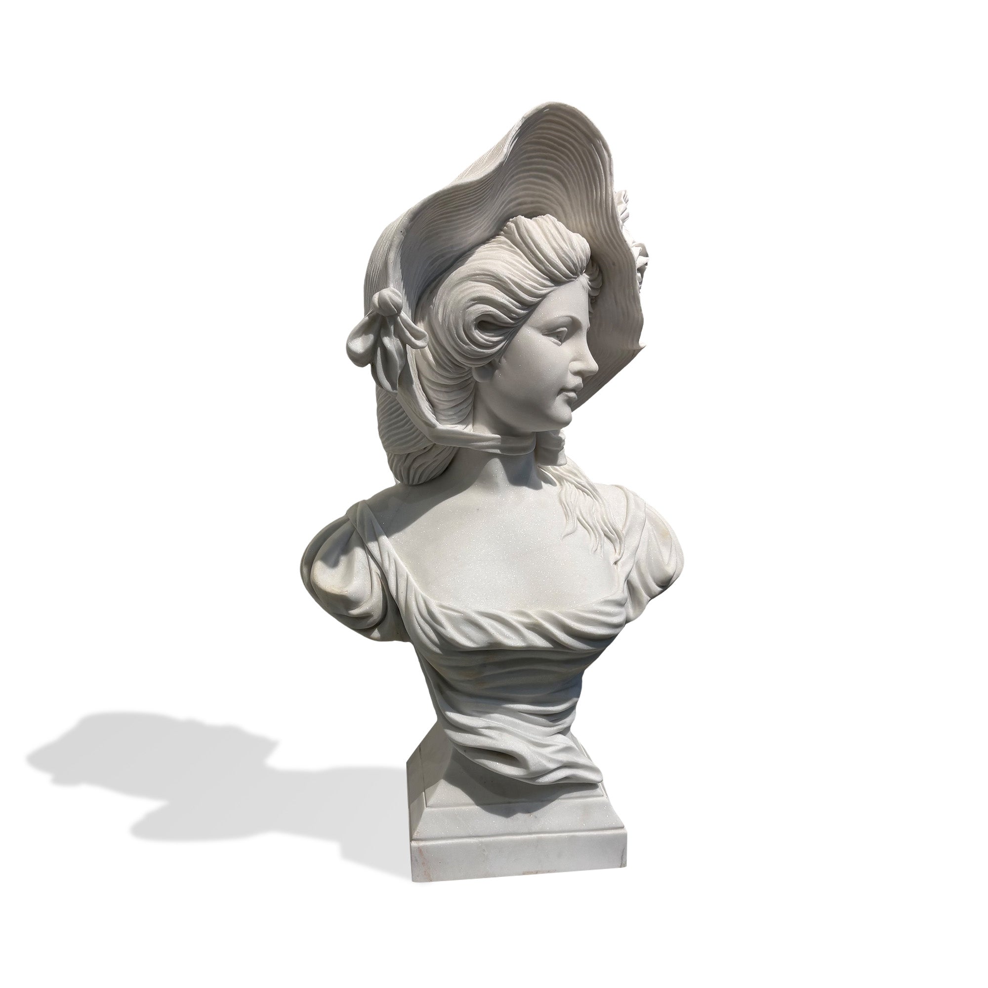 Classical marble female bust statue with elegant hat and dress detail, decorative white marble sculpture for home, gallery, and collector display