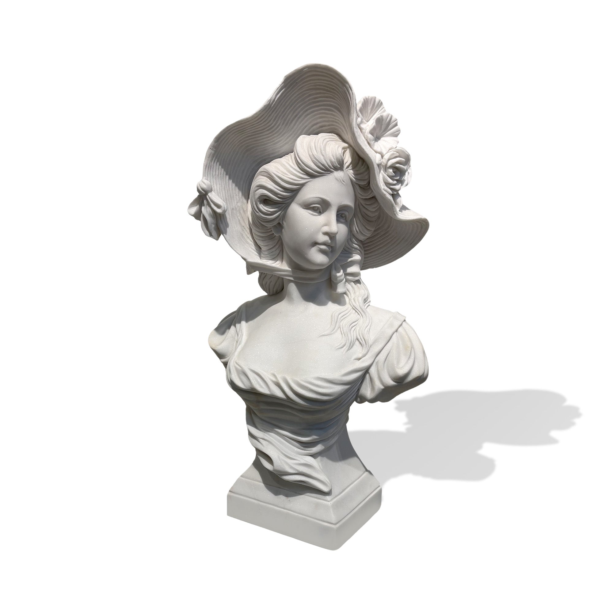 White marble lady bust statue with hat, classical woman sculpture with detailed facial expression for home decor, art collection, and interior display