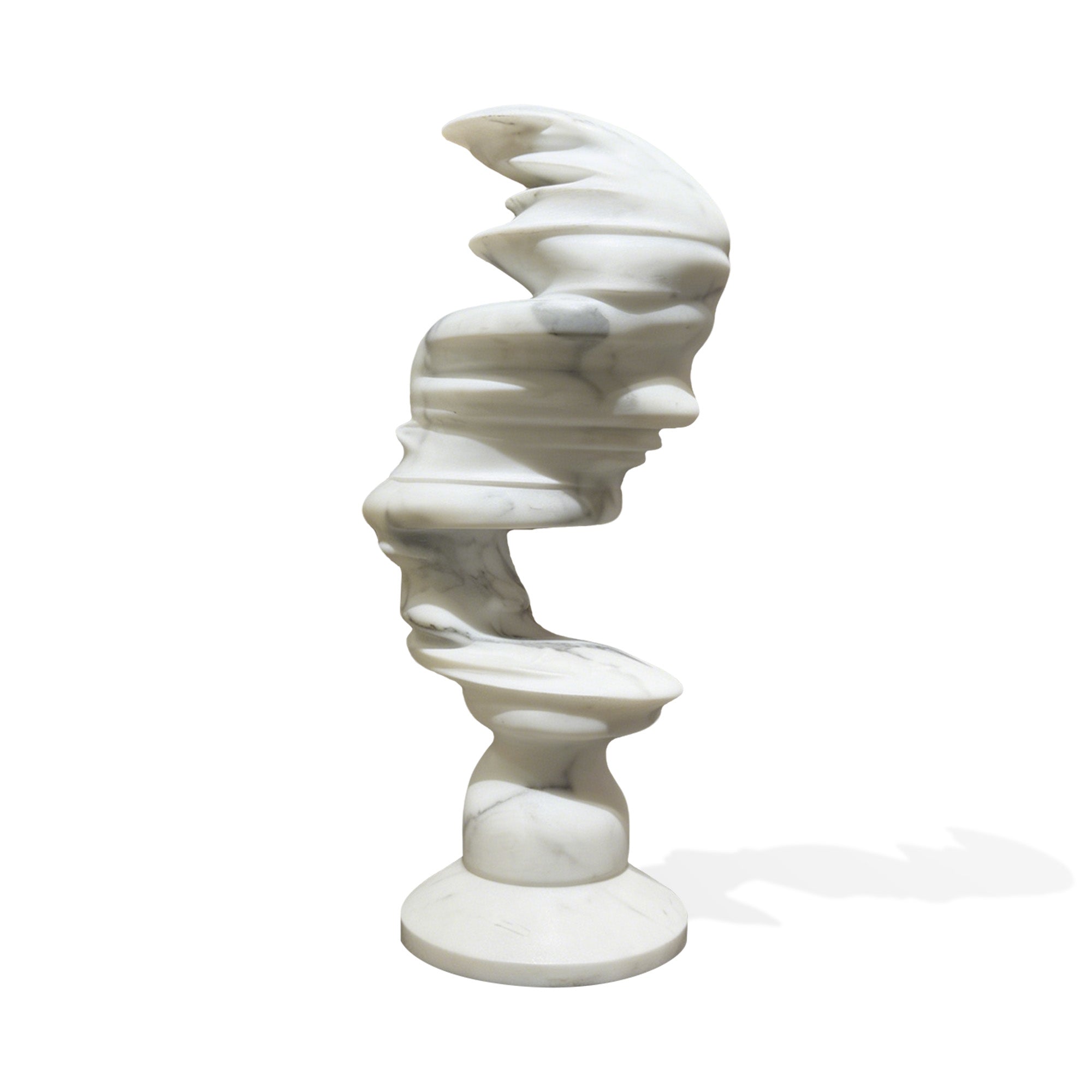 Carrara white marble abstract sculpture with flowing layered form, modern art sculpture on white background, handcrafted stone decor piece