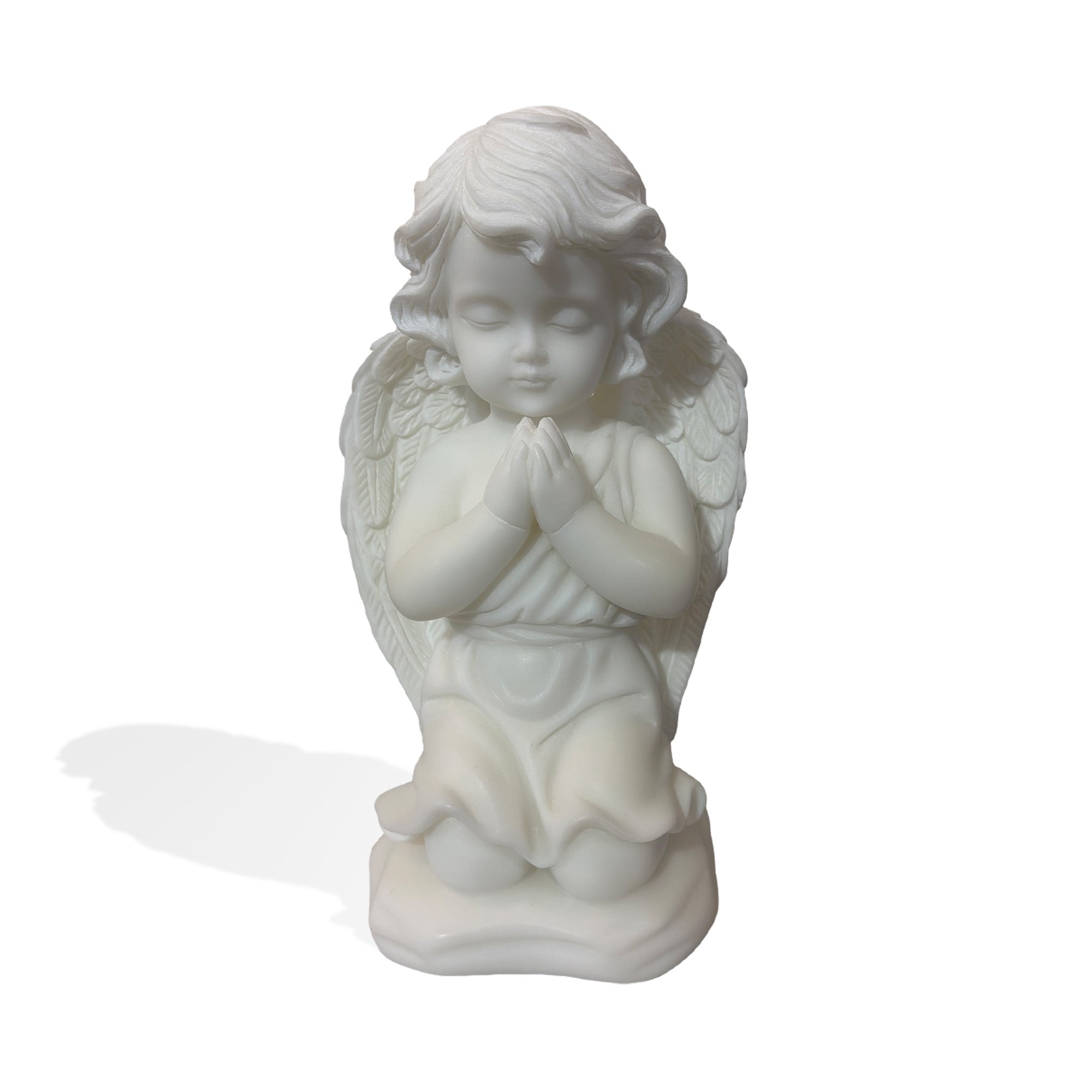 white marble praying angel statue kneeling cherub sculpture front view, small garden angel statue for memorial, cemetery, yard decor