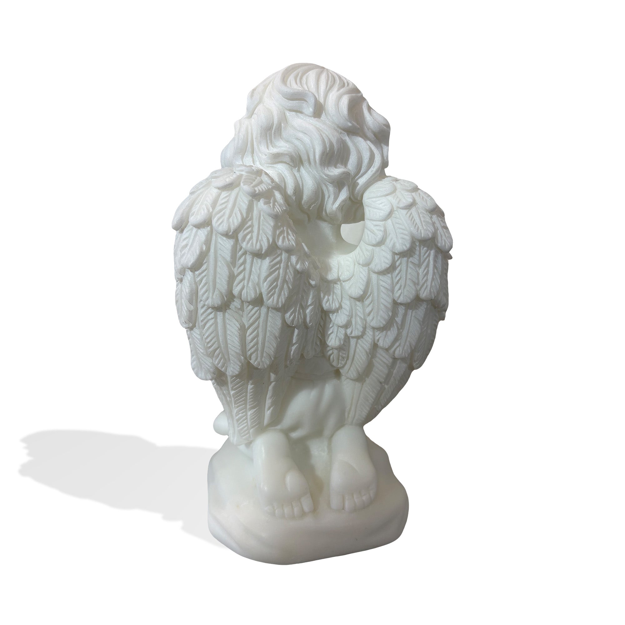 white marble angel statue wings detail back view, carved feather texture cherub sculpture, decorative garden angel for outdoor yard