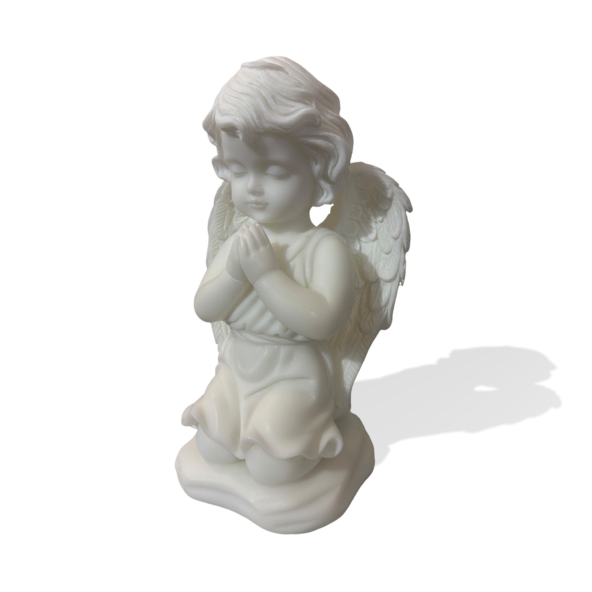 marble kneeling angel statue in prayer pose side front view, cherub sculpture with wings for garden memorial decoration and sympathy gift