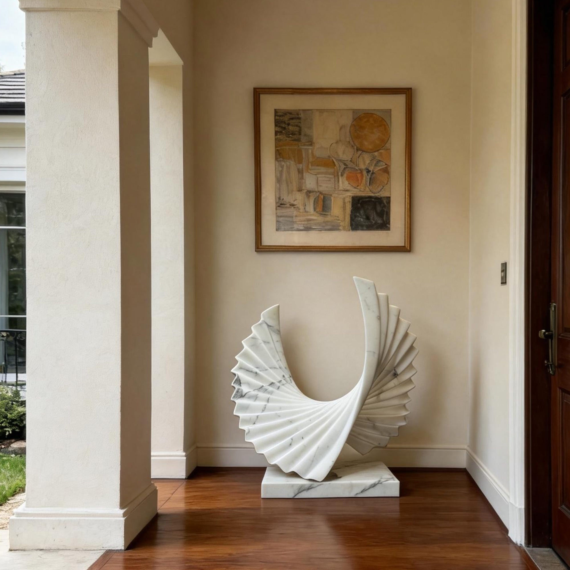 Carrara marble abstract sculpture displayed in a luxury entryway, modern stone art for refined interior decor