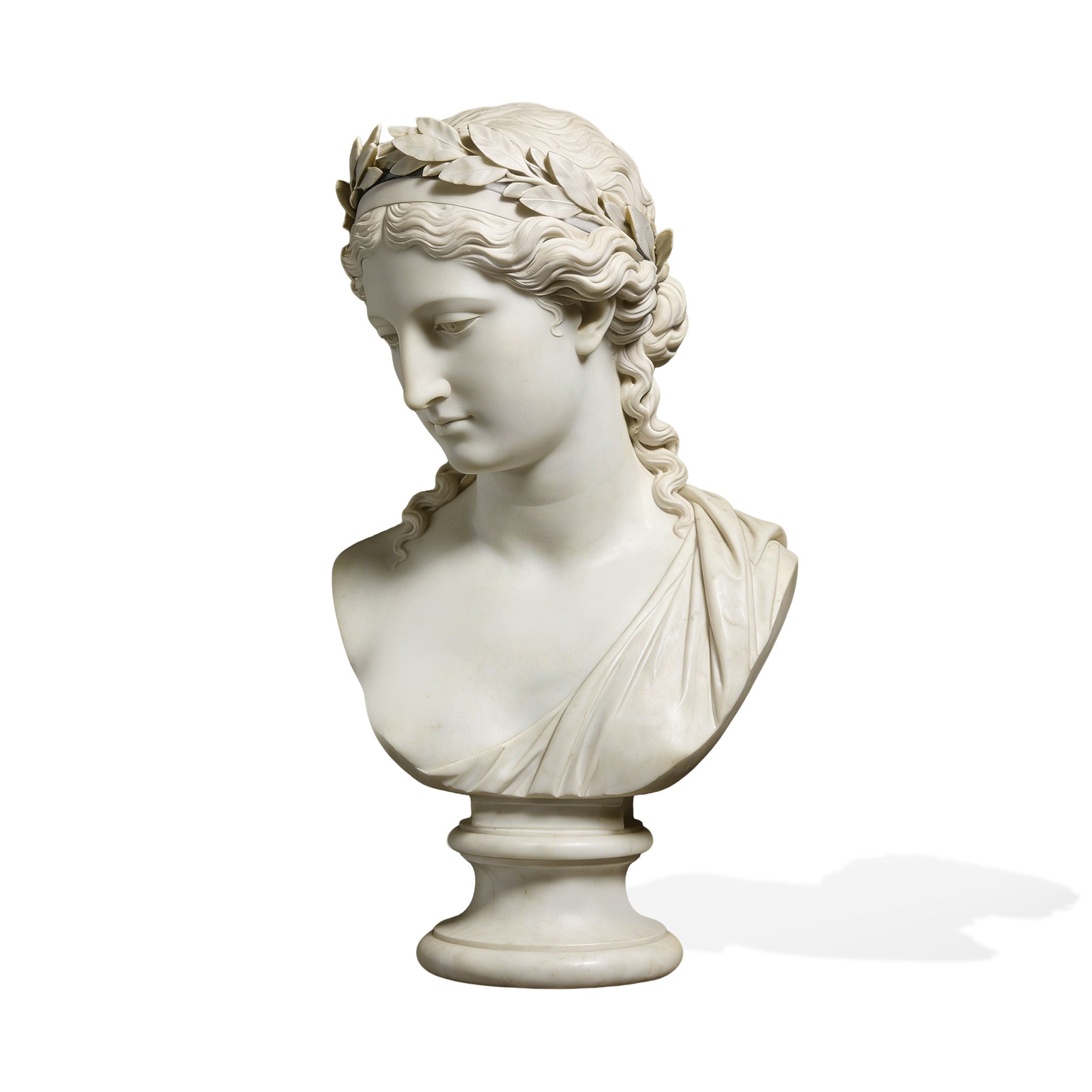 A marble bust of a woman inspired by classical Greek art, with a laurel crown and flowing drapery. A timeless piece that brings sophistication and cultural depth to any collection or interior.