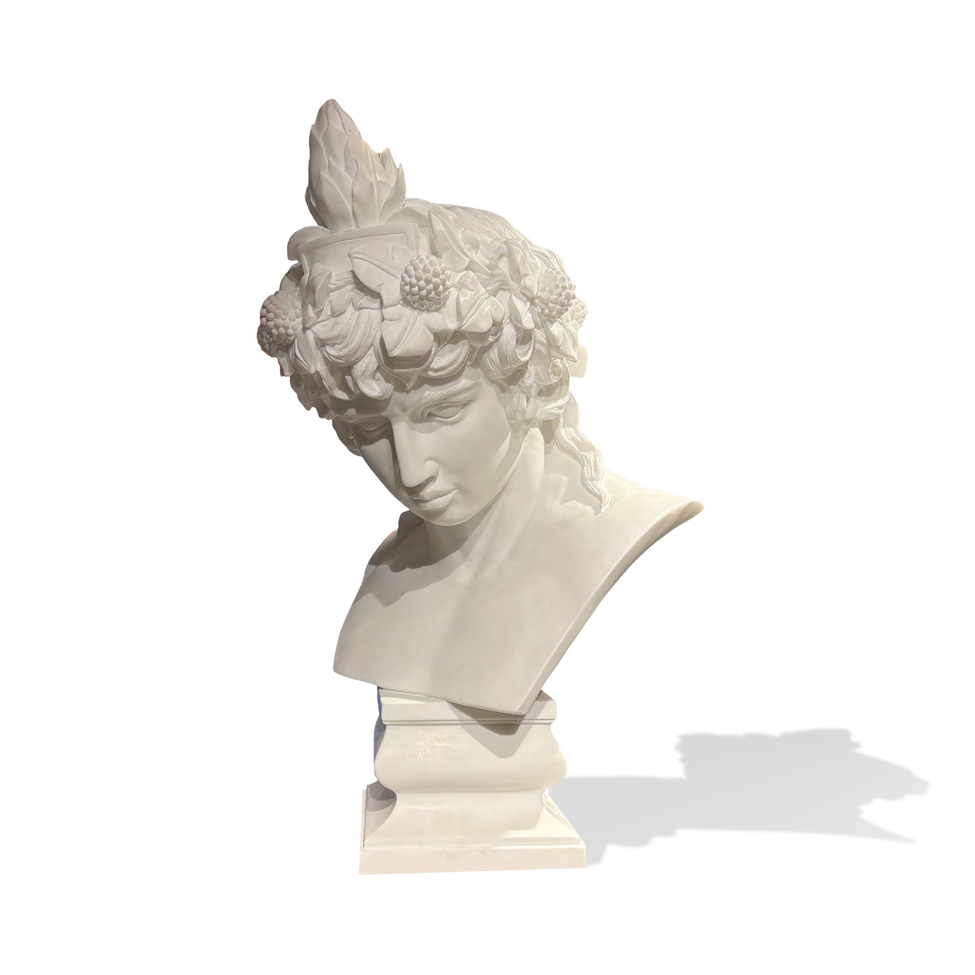 front view of Antinous as Dionysus inspired marble bust sculpture with floral crown and youthful classical facial features