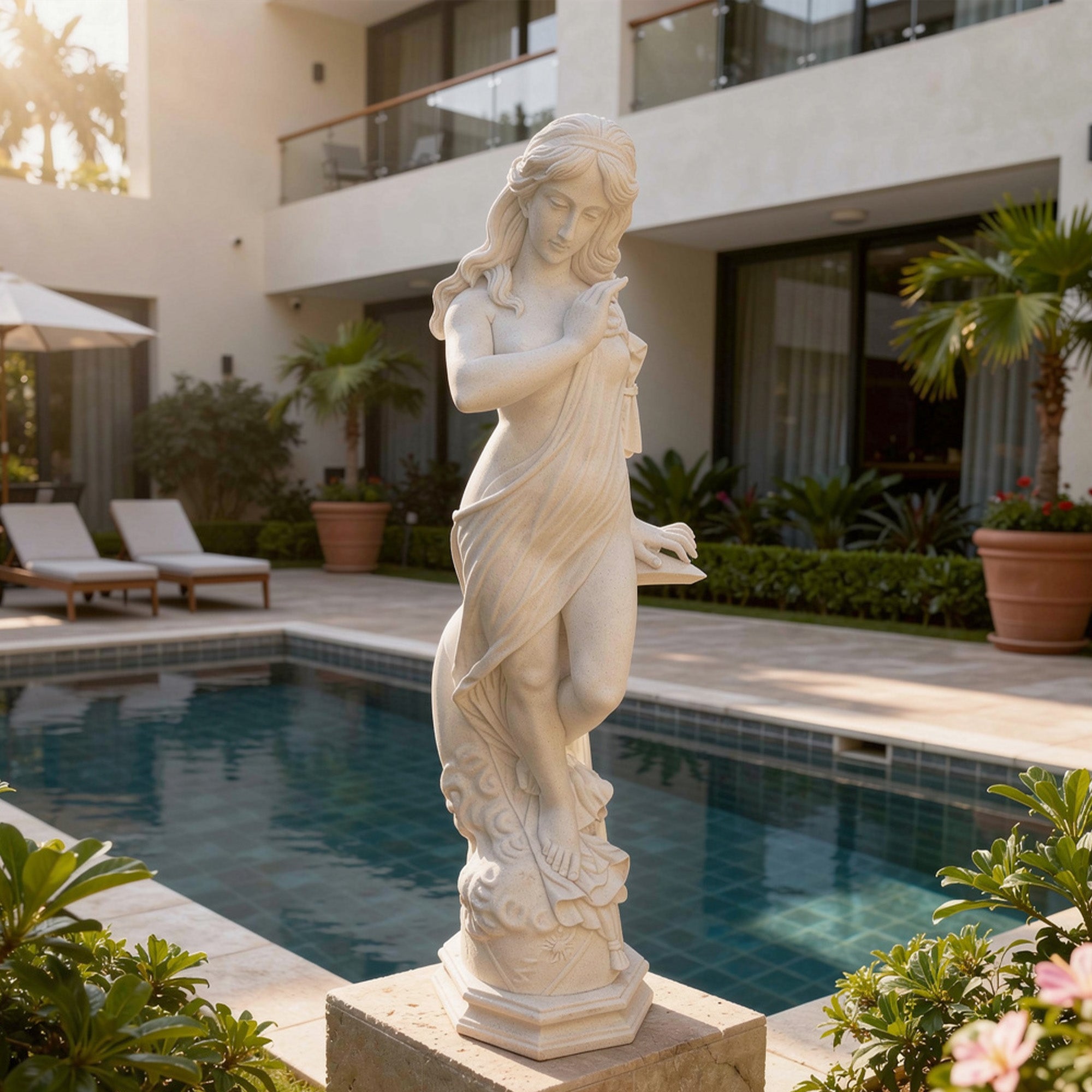 White marble goddess statue placed beside a luxury pool, with graceful drapery and serene expression for garden and resort decor