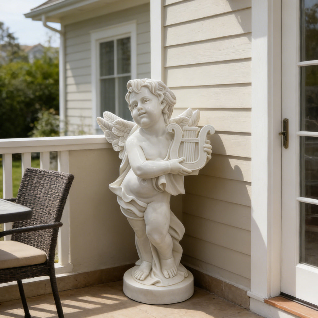 FINEST Hand Carved White Natural Marble Cherub Statue Holding Lyre for