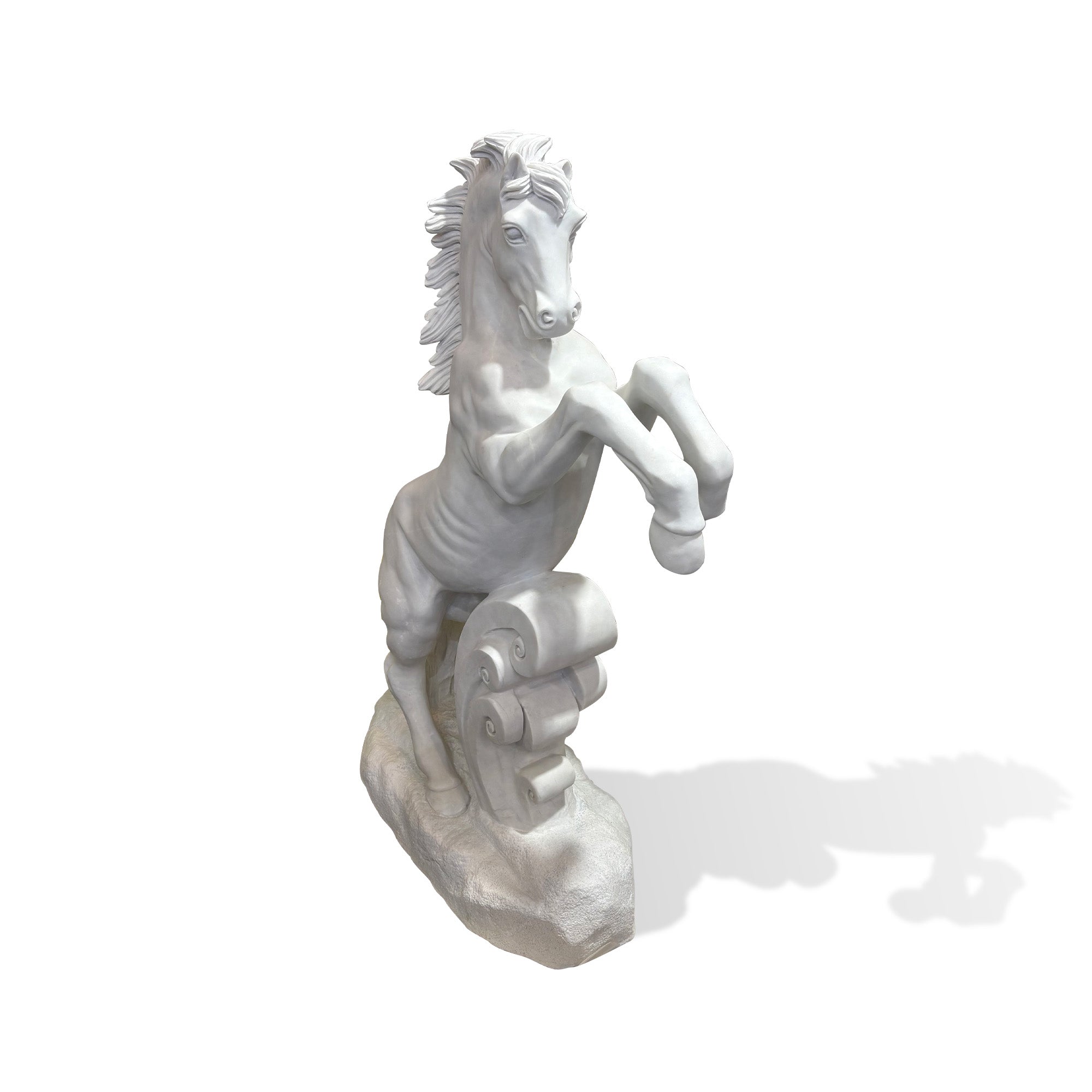 Side view of white marble rearing horse sculpture with detailed muscles mane and scroll pedestal for garden decoration
