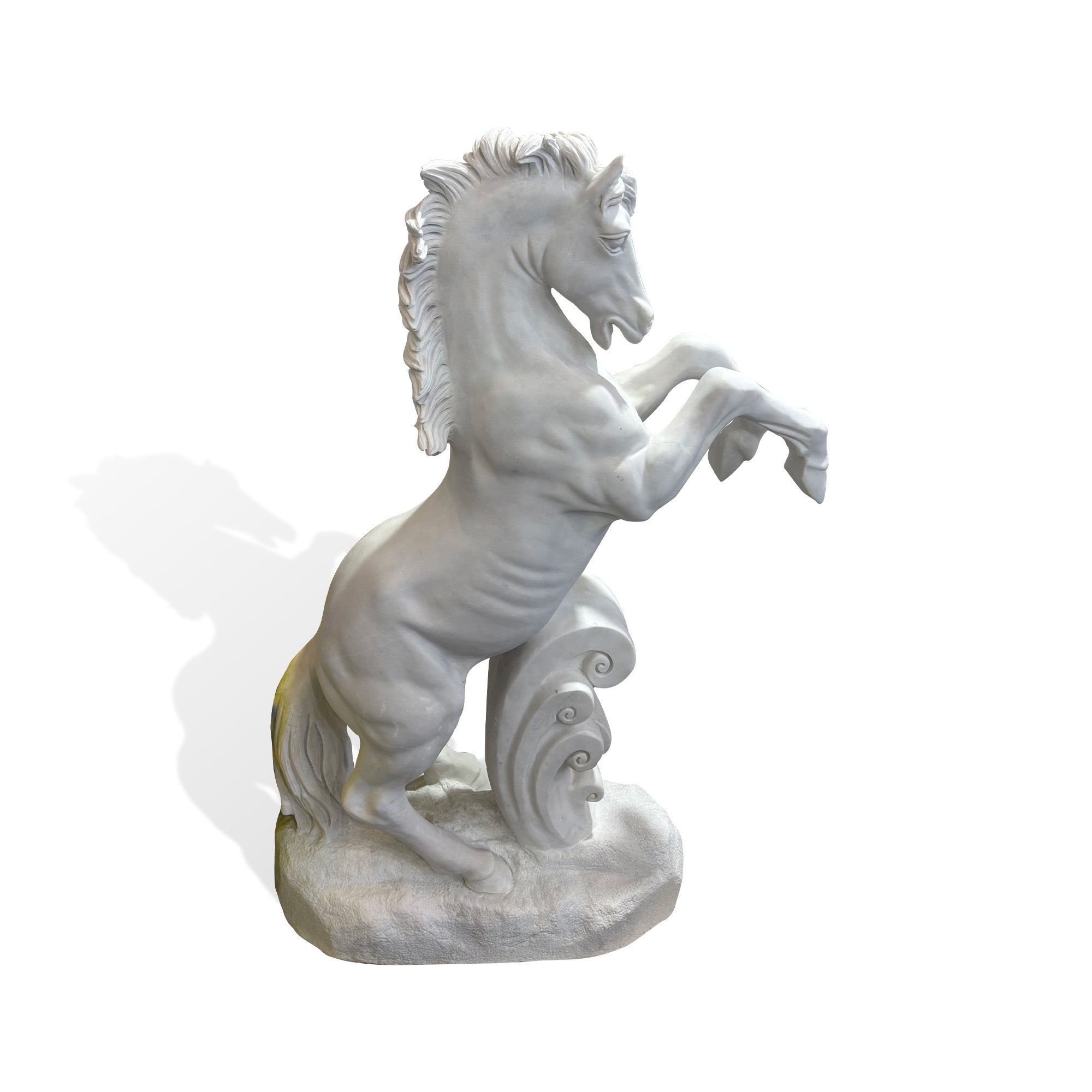 Outdoor white marble horse statue in rearing pose with carved scroll support and natural stone base for garden landscape decor