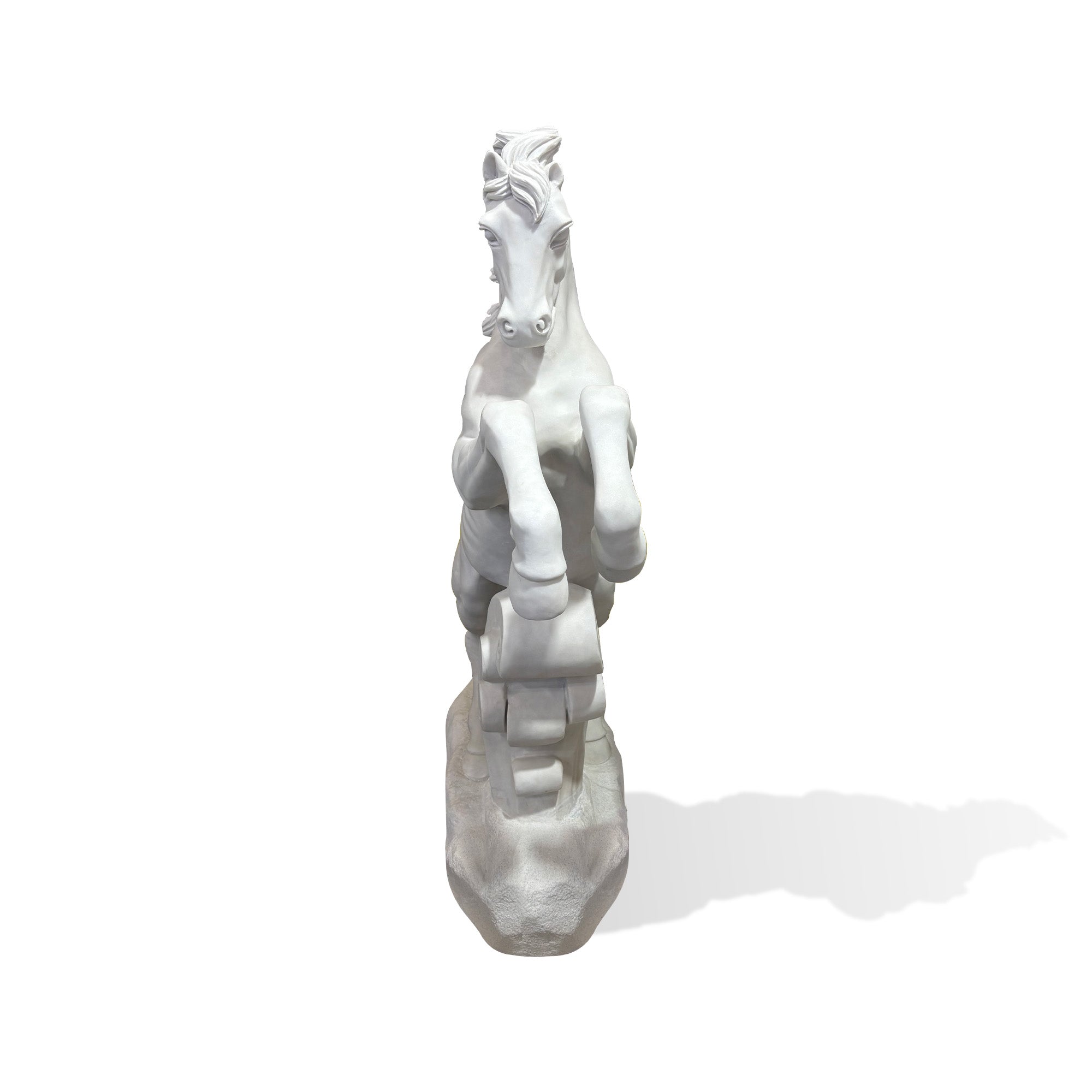 White marble rearing horse statue front view with carved mane and decorative base for luxury outdoor garden decor