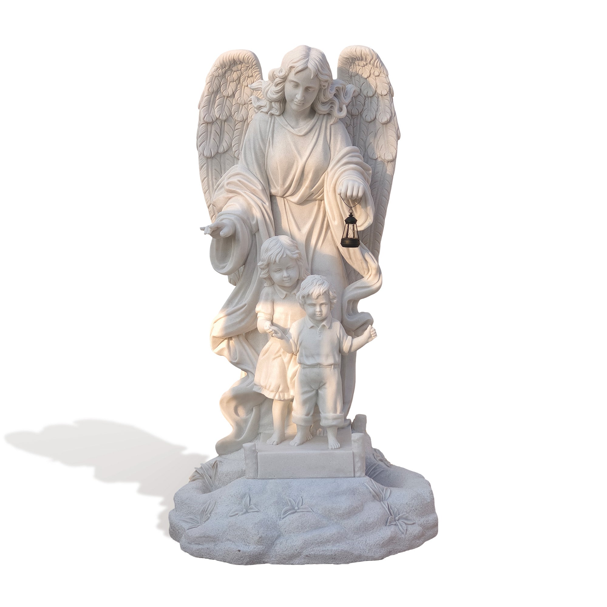 full front view of marble angel statue with two children, classical stone sculpture with balanced proportions and soft character