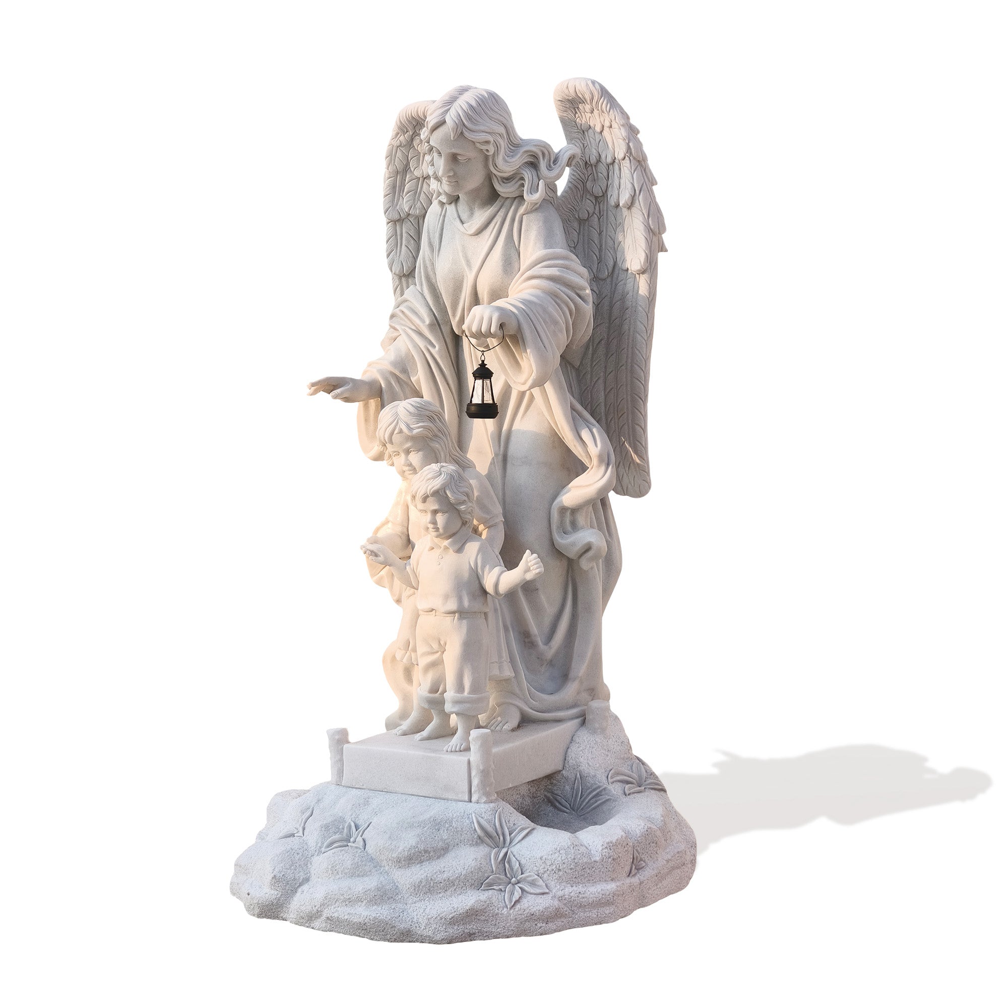 side angle of marble angel statue with children, showing gentle posture and fine carving details in robe and figures