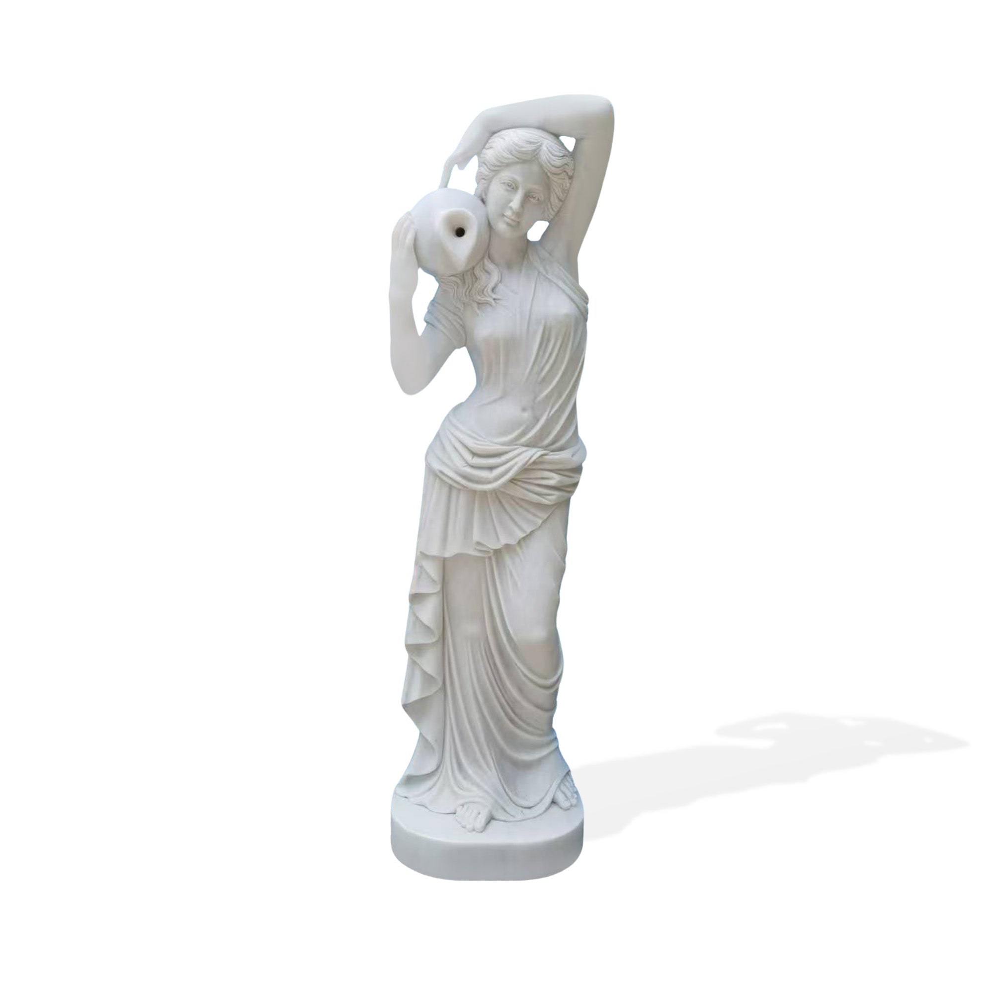 front view of white natural marble female fountain statue holding a water vase, featuring flowing drapery and classical figure carving
