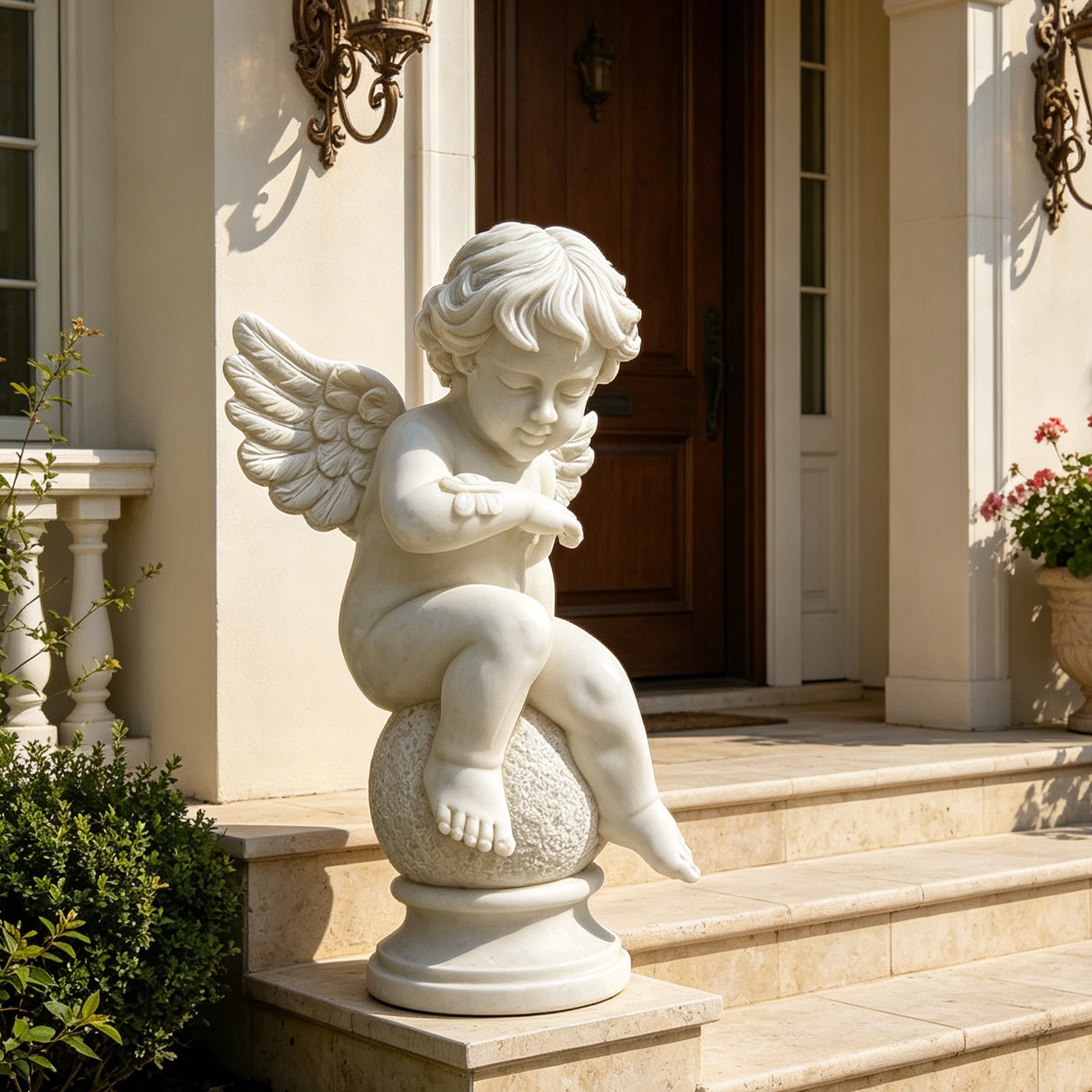 White marble cherub angel statue with butterfly detail placed at a villa entrance for luxury porch garden patio and outdoor decor