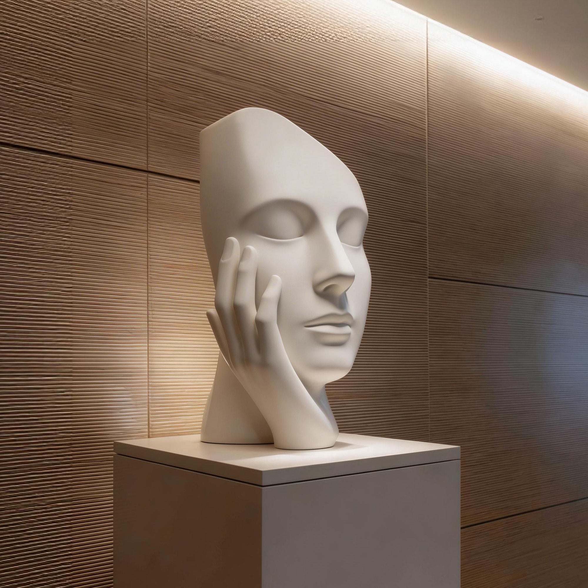 White marble contemplative face sculpture with hand-on-cheek pose displayed on a pedestal as serene statement art for a designer lobby, spa, gallery, or modern residence