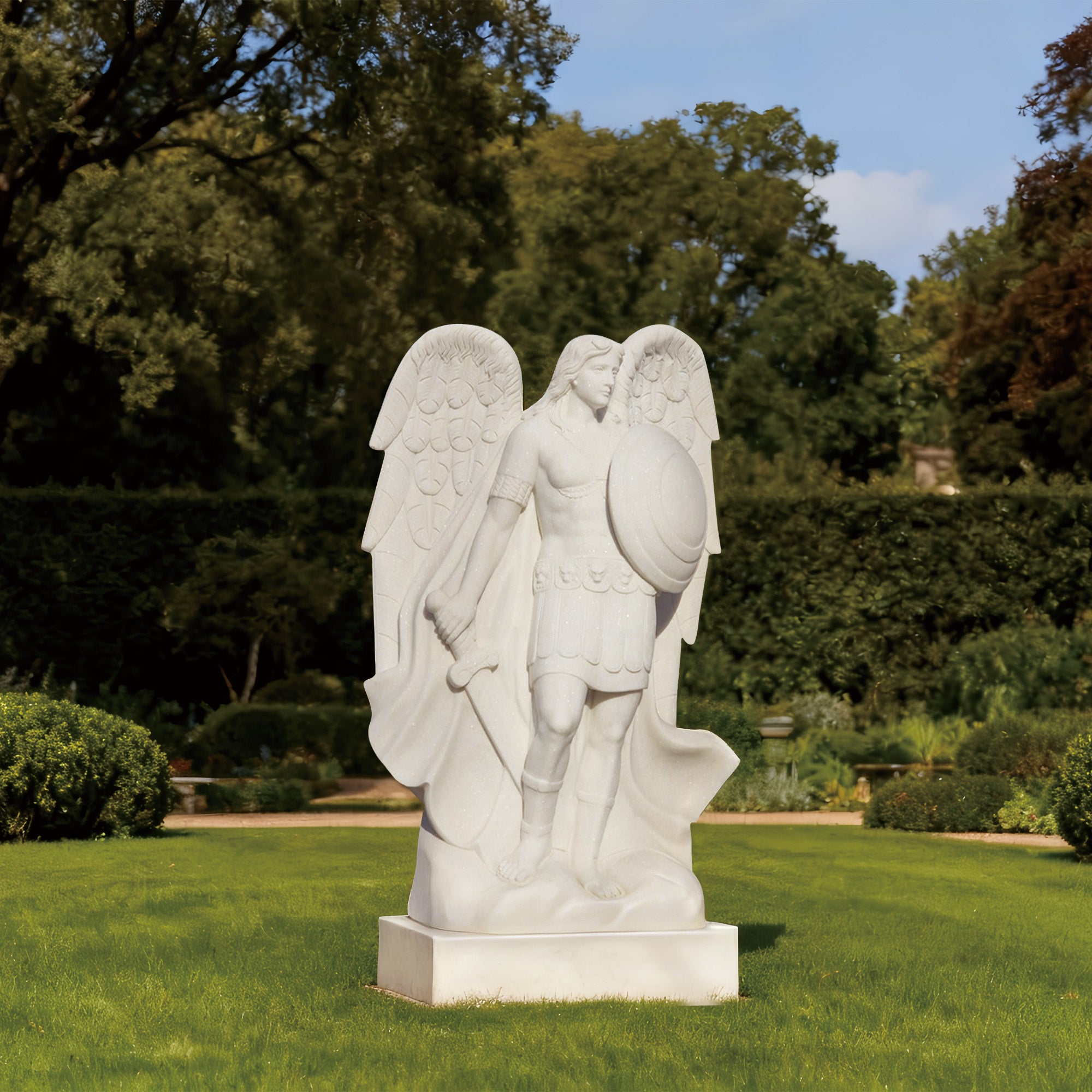 White marble Saint Michael warrior angel sculpture with sword and shield displayed in a garden for church grounds, memorial spaces and outdoor Christian decor