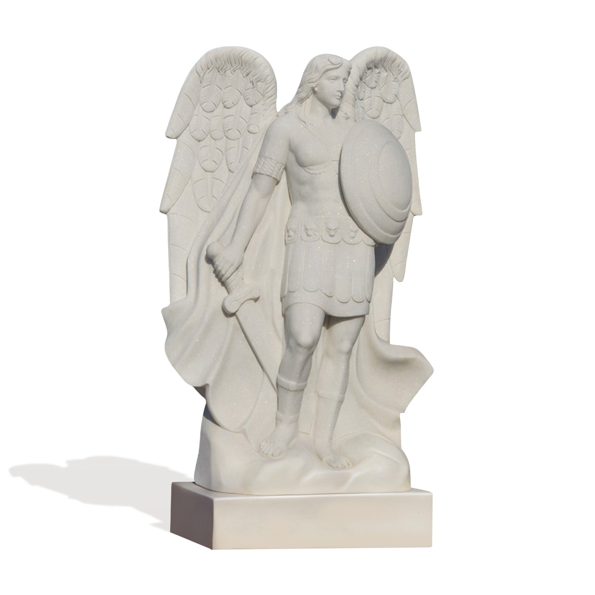 Hand carved white marble Saint Michael the Archangel statue with wings, sword and round shield for church garden, prayer space and religious landscape decor