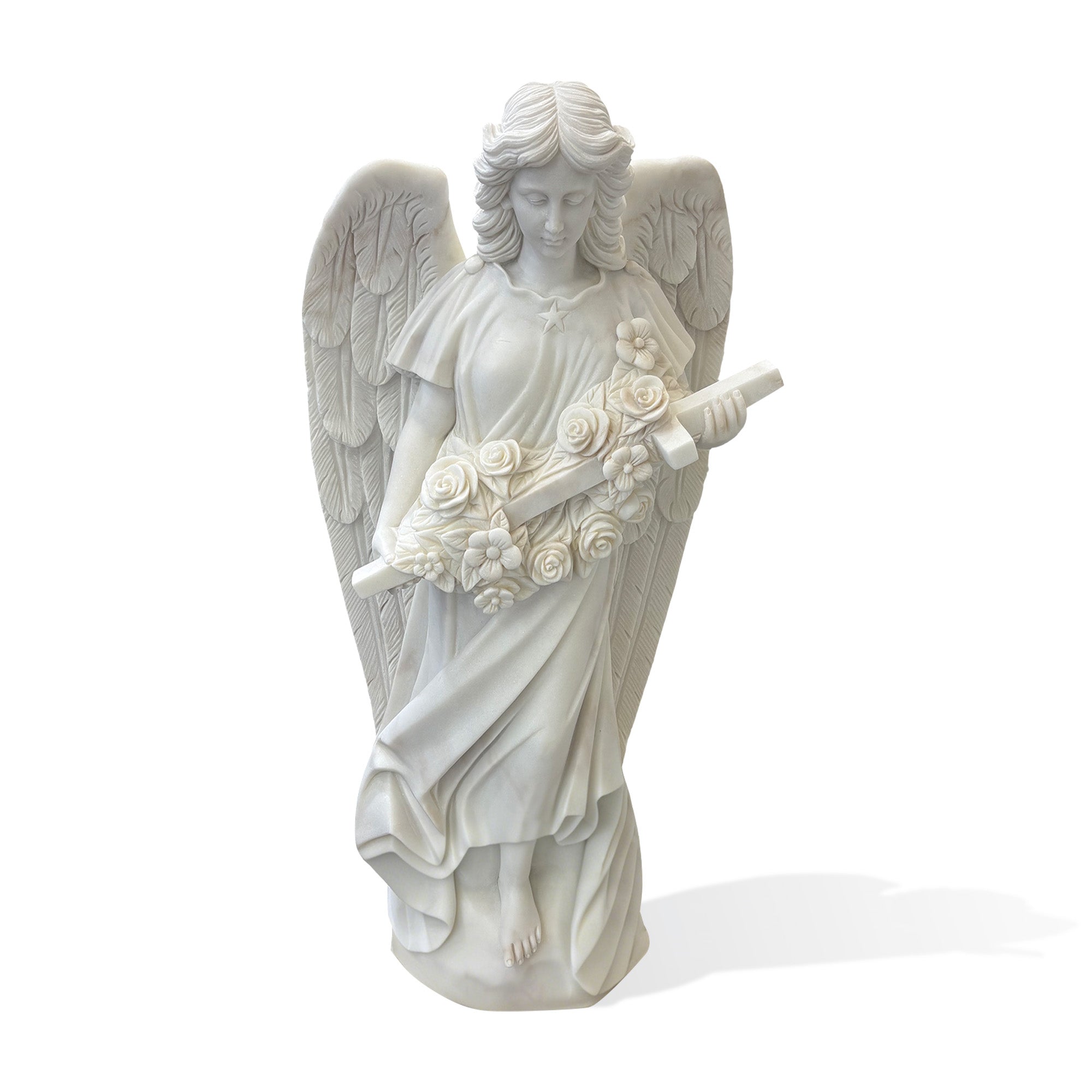 Hand carved white marble guardian angel sculpture with feathered wings, flowing robe, star detail, and rose wreath for memorial garden and cemetery decor