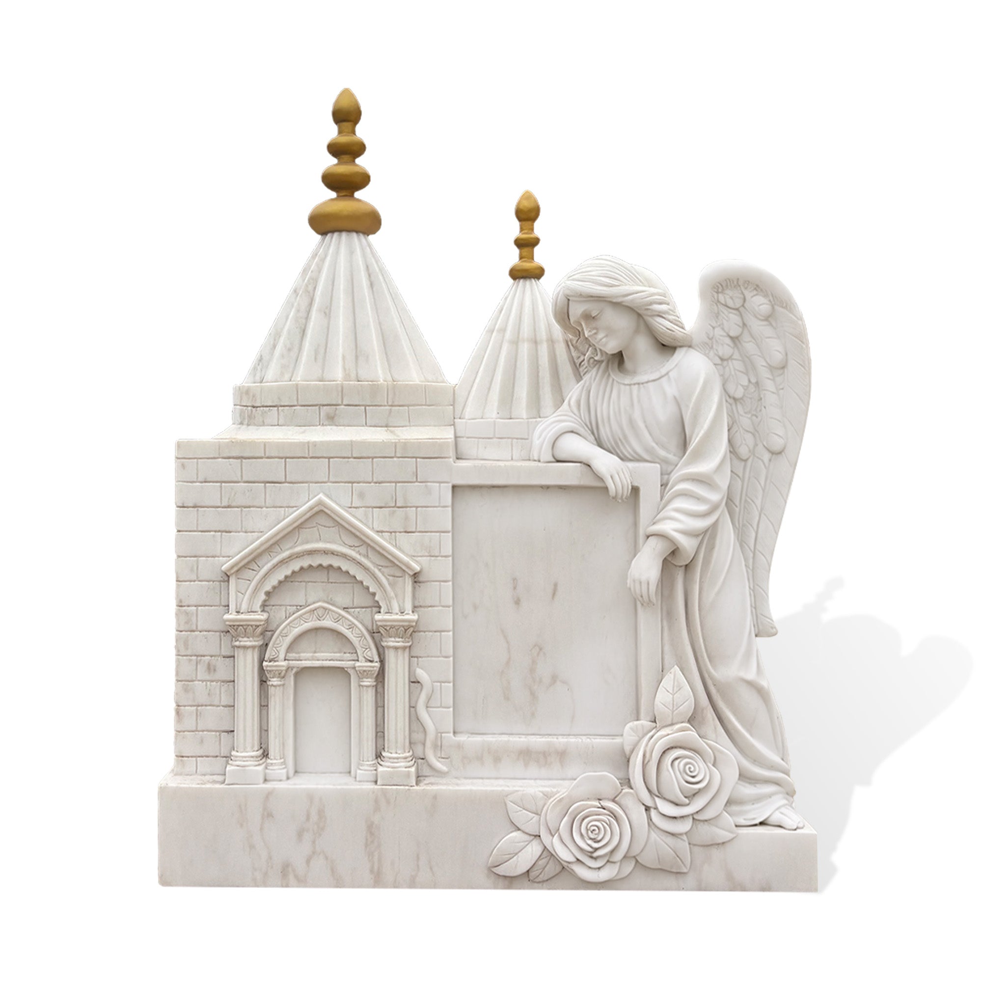 Front view of a custom white marble angel chapel headstone with guardian angel relief, carved rose details, Gothic-style doorway, and engraving area