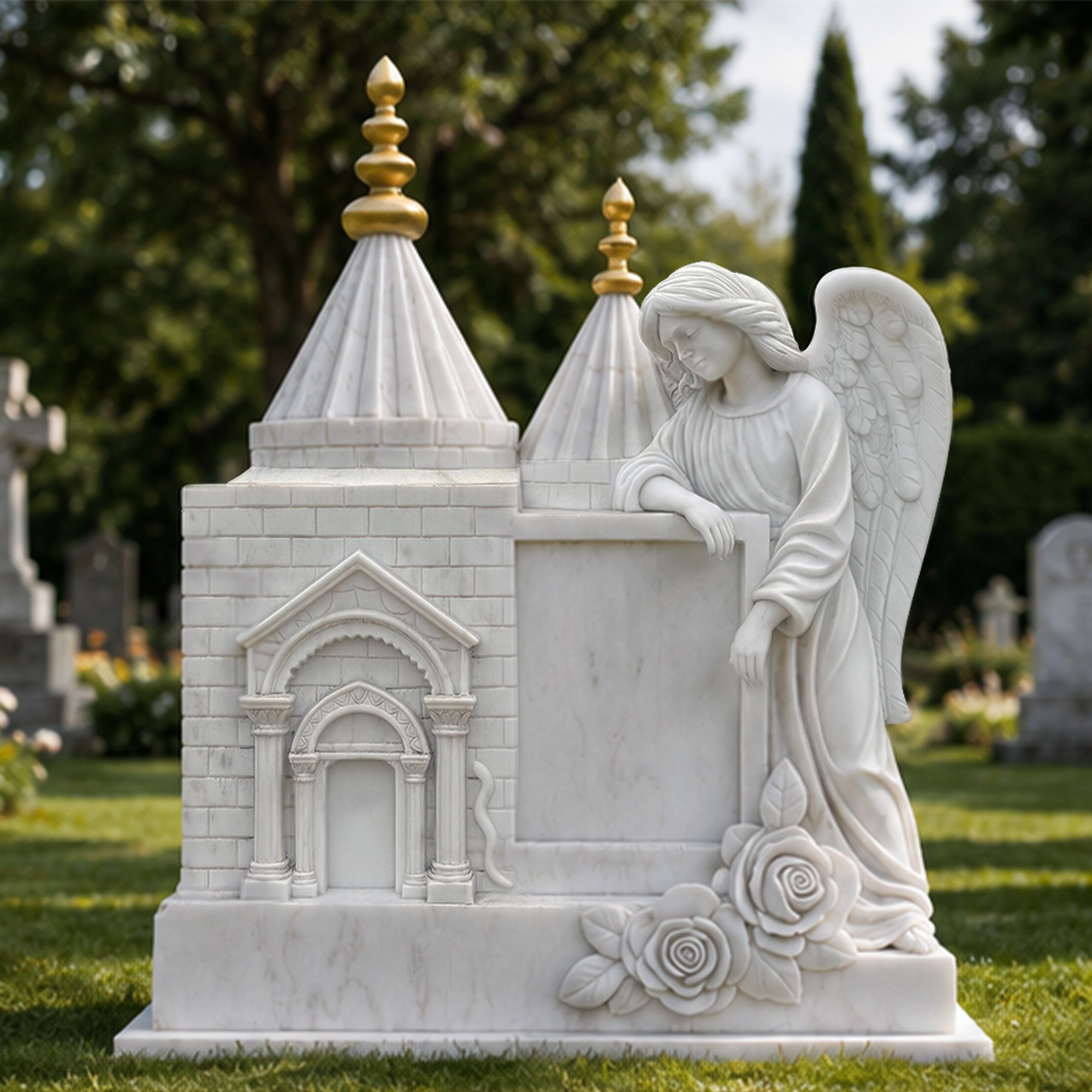 Luxury white marble angel chapel headstone installed in a cemetery, featuring carved roses, Gothic-style architecture, and a personalized memorial panel