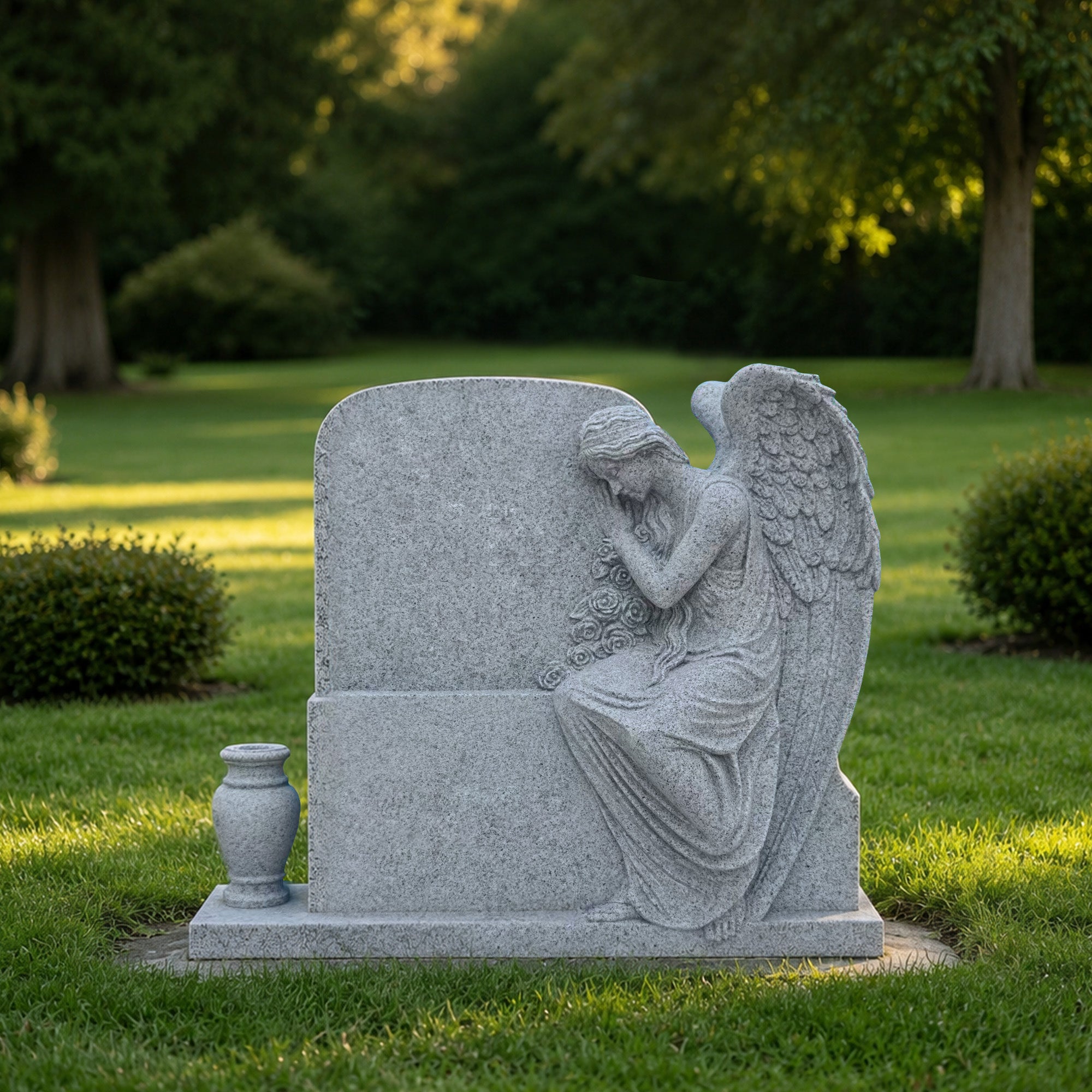 Grey granite angel headstone with a carved mourning angel, floral details and matching memorial vase in a cemetery setting