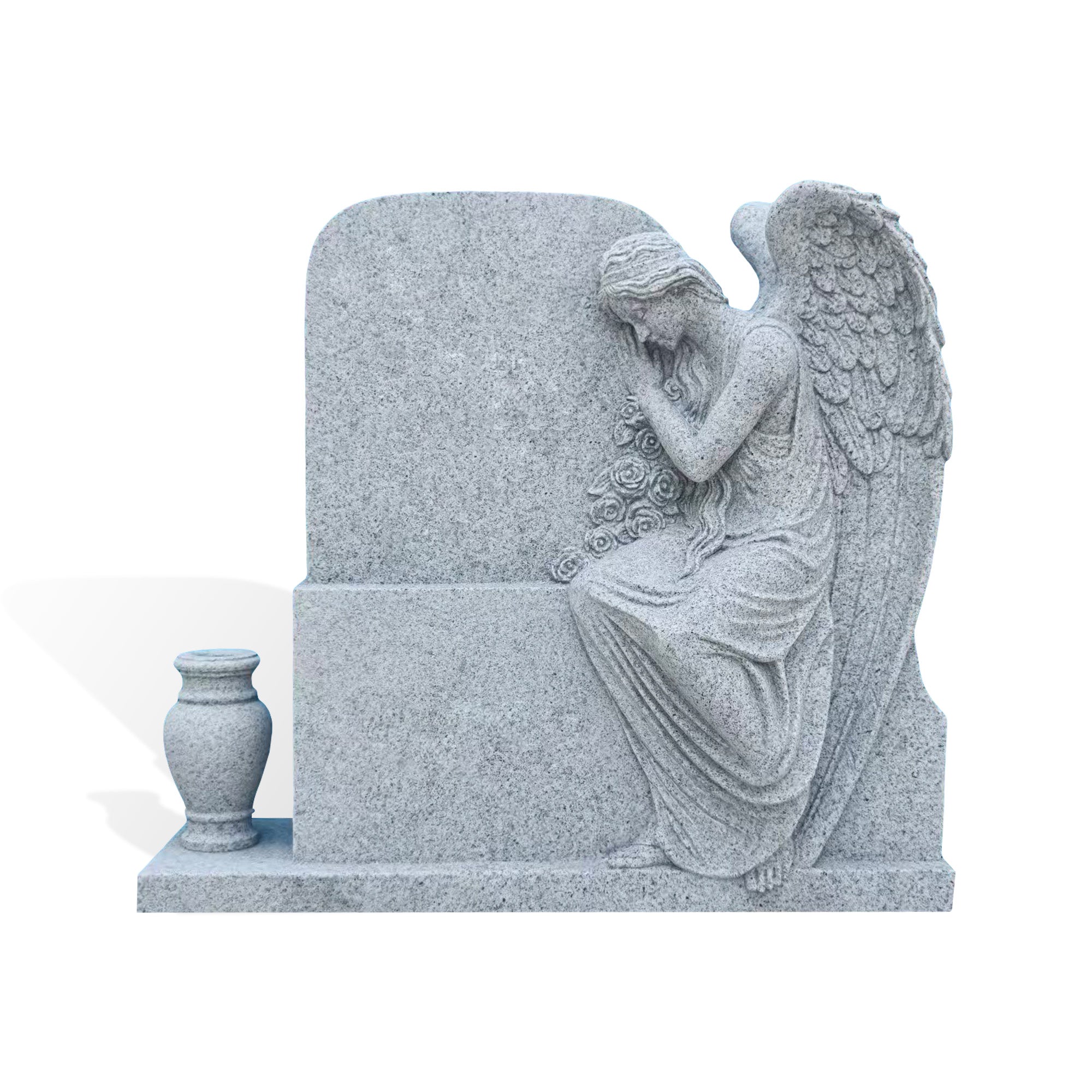 Front view of a grey granite angel headstone with a seated mourning angel, carved roses and matching flower vase