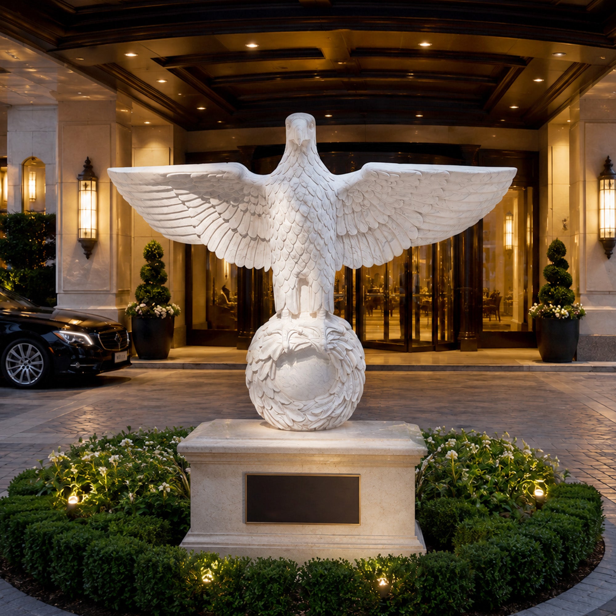 Large white marble eagle sculpture with spread wings installed on a pedestal outside a luxury hotel entrance at night
