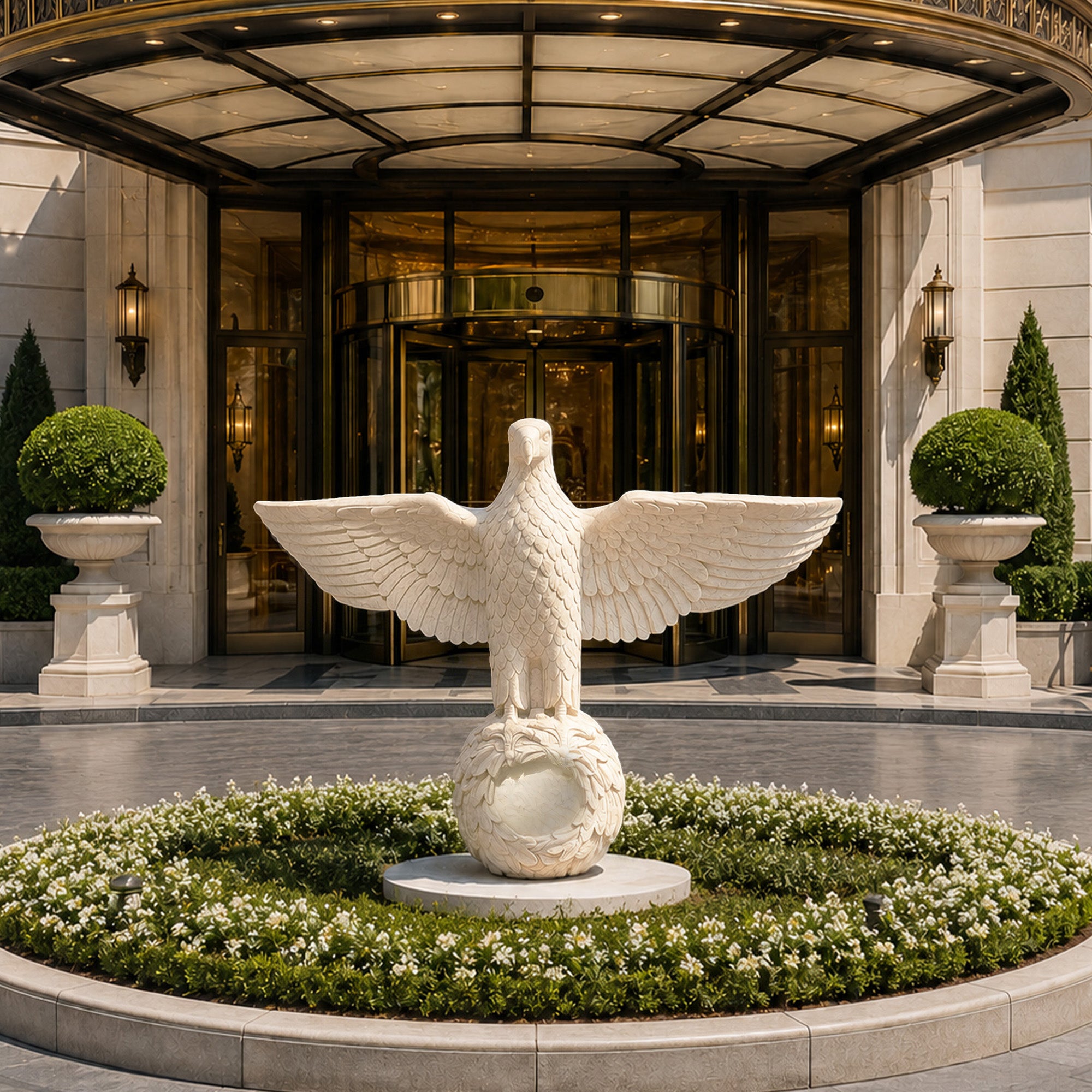 Hand-carved white marble eagle statue with spread wings on a globe displayed at a luxury hotel entrance