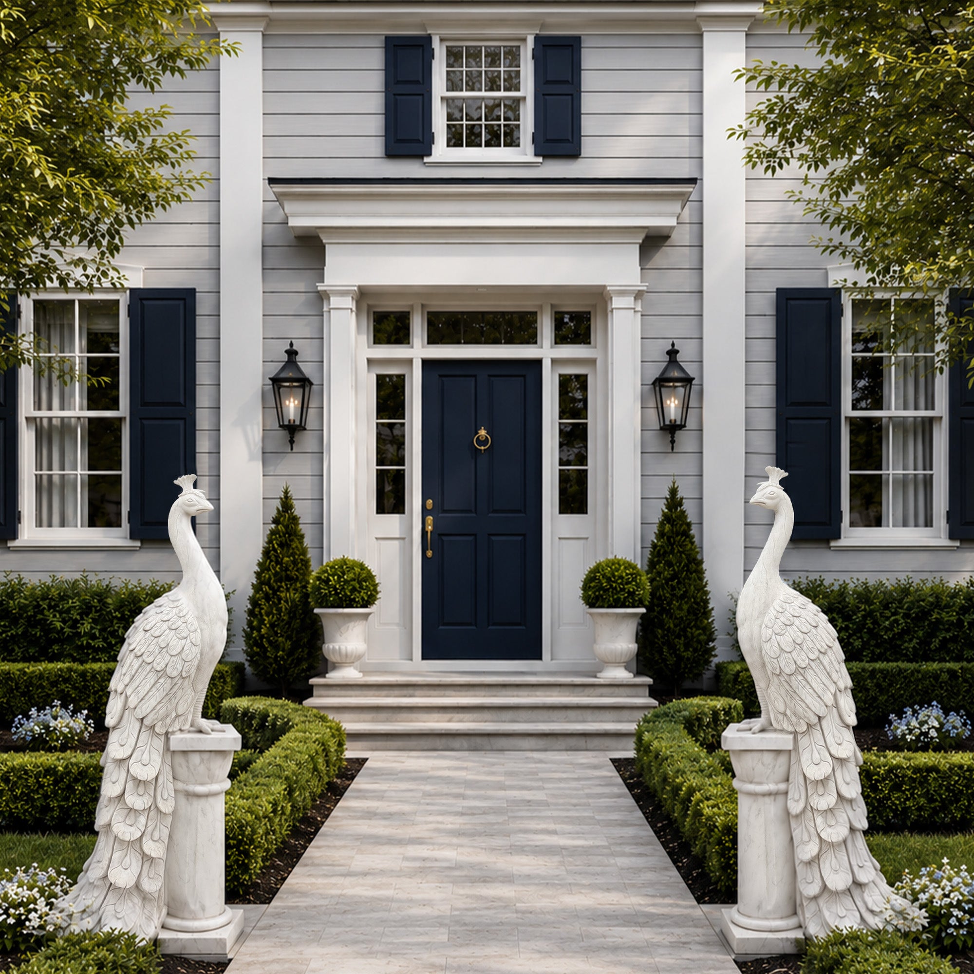 Pair of hand-carved white marble peacock statues with flowing tails displayed at a villa garden entrance